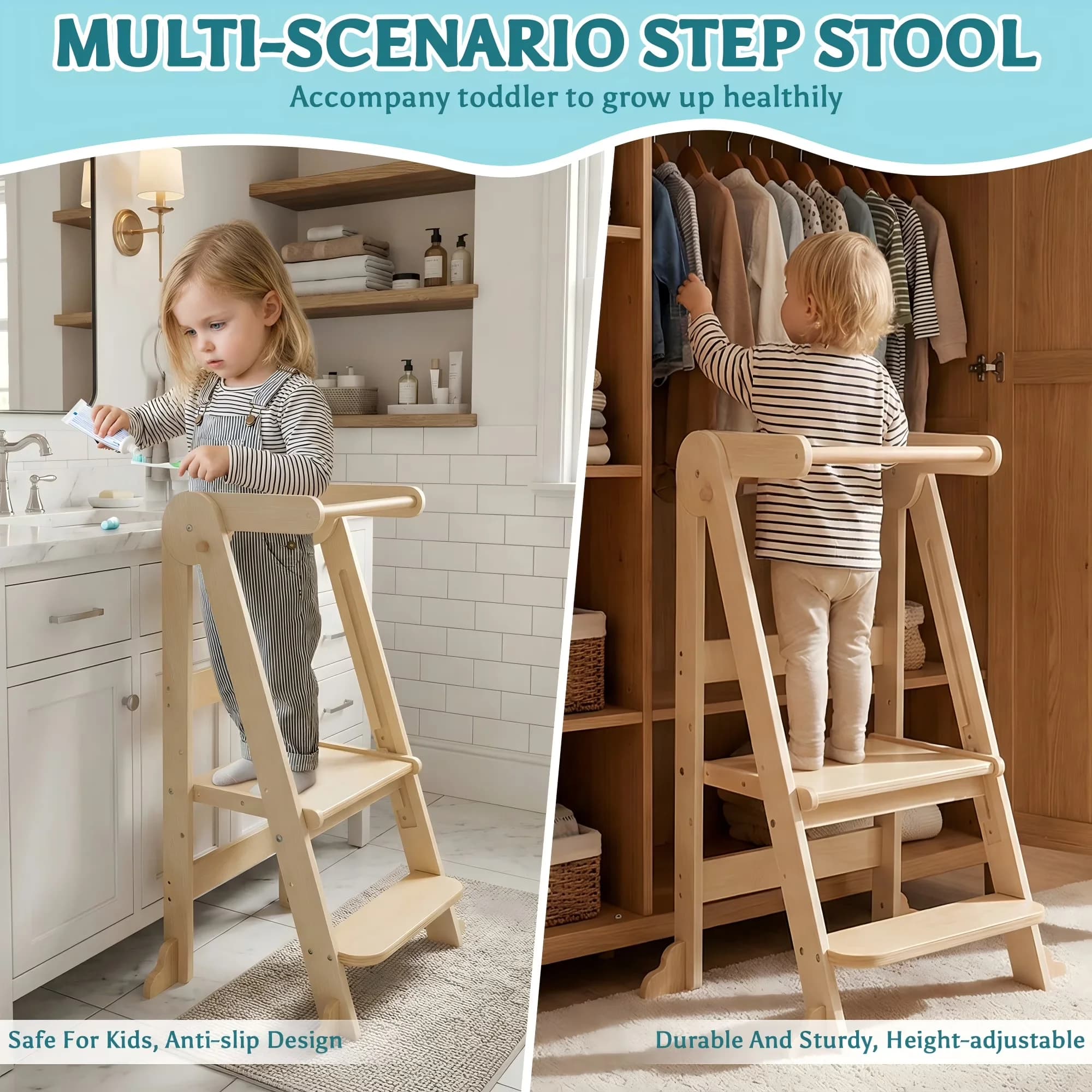 Ladders And Step Stool Quality with Anti-Slip, Adjustable Height - Natural Wood for Kitchen, Bathroom Model 67E1A6