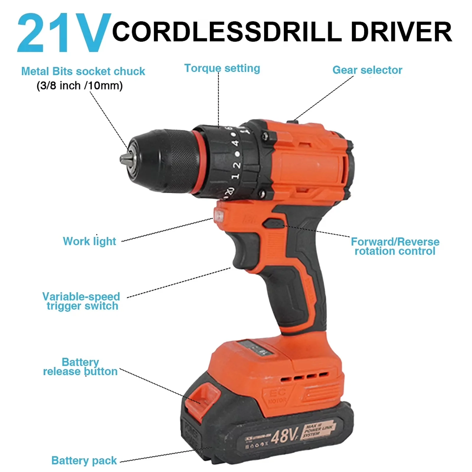Essential Drills Driver with Battery, LED, 48V Cordless Drill Set - Industrial Grade Model 5CB2A1