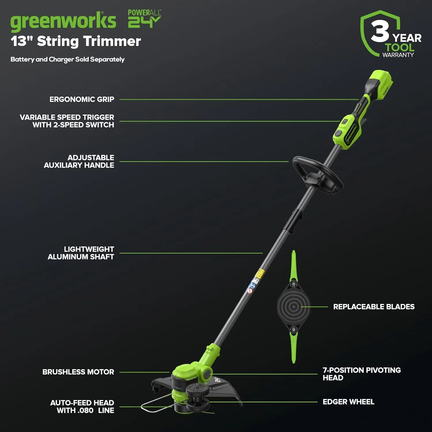 String Trimmer Quality with Battery, 24V, 24V 13" BL Trimmer/Edger TO - Green Model 700B37