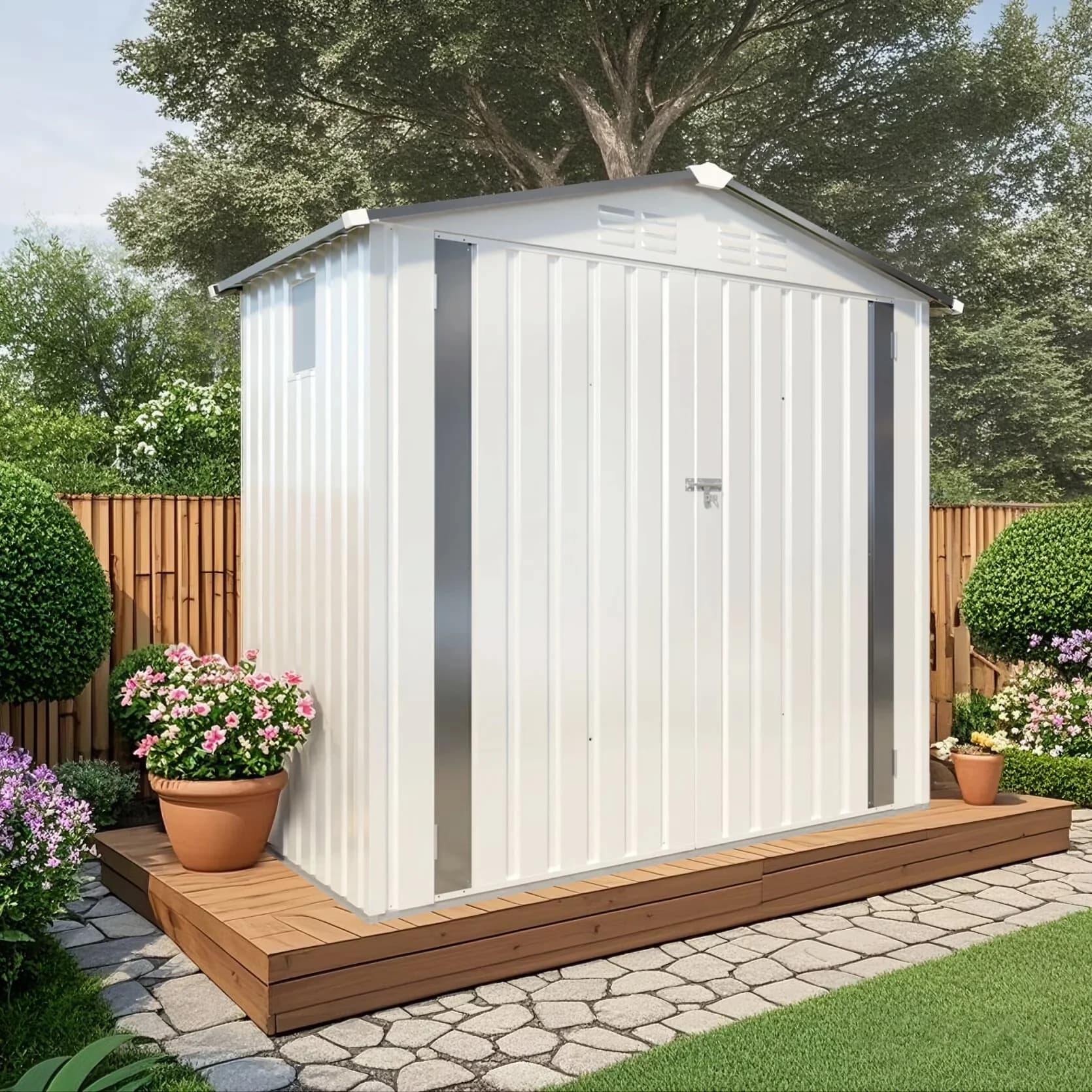 Shed Sleek with Waterproof, Rust Resistant, Lockable Door - White Metal for Garden Model 46E0F5