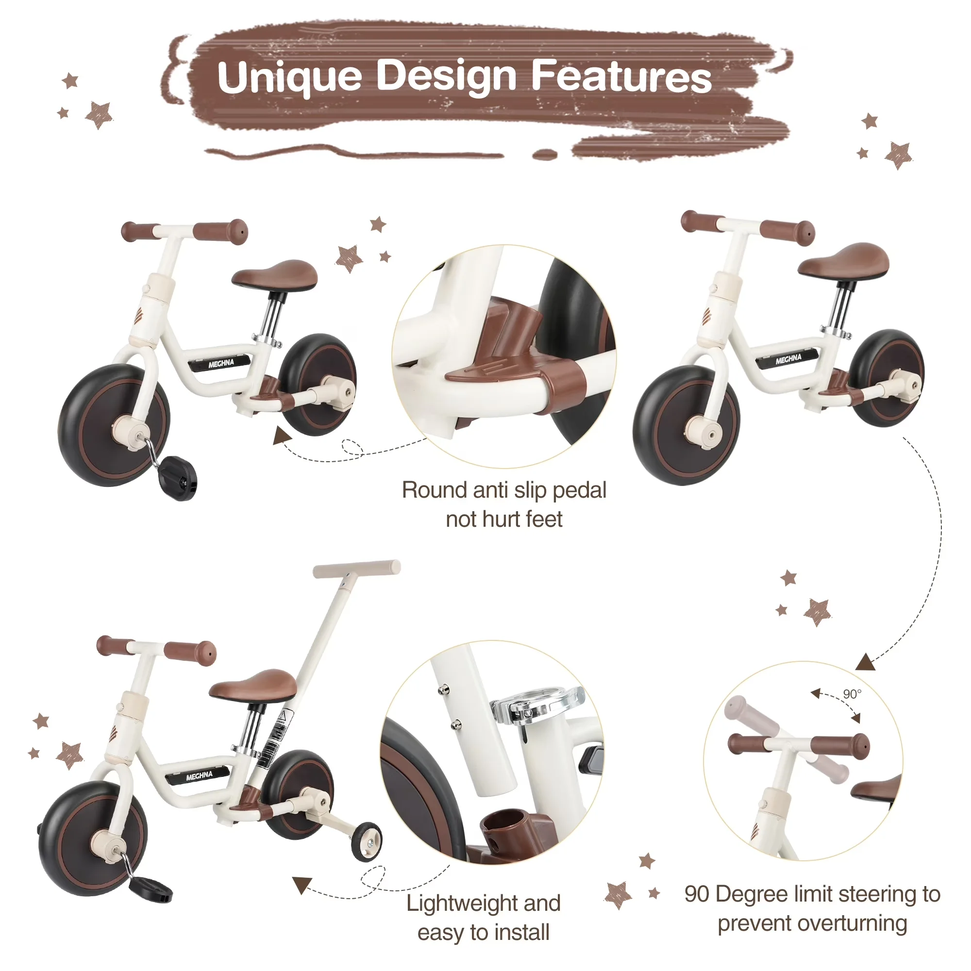 Efficient Kids Bike with 4 in 1 Toddler Balance Multi-Function - Brown Model 097840