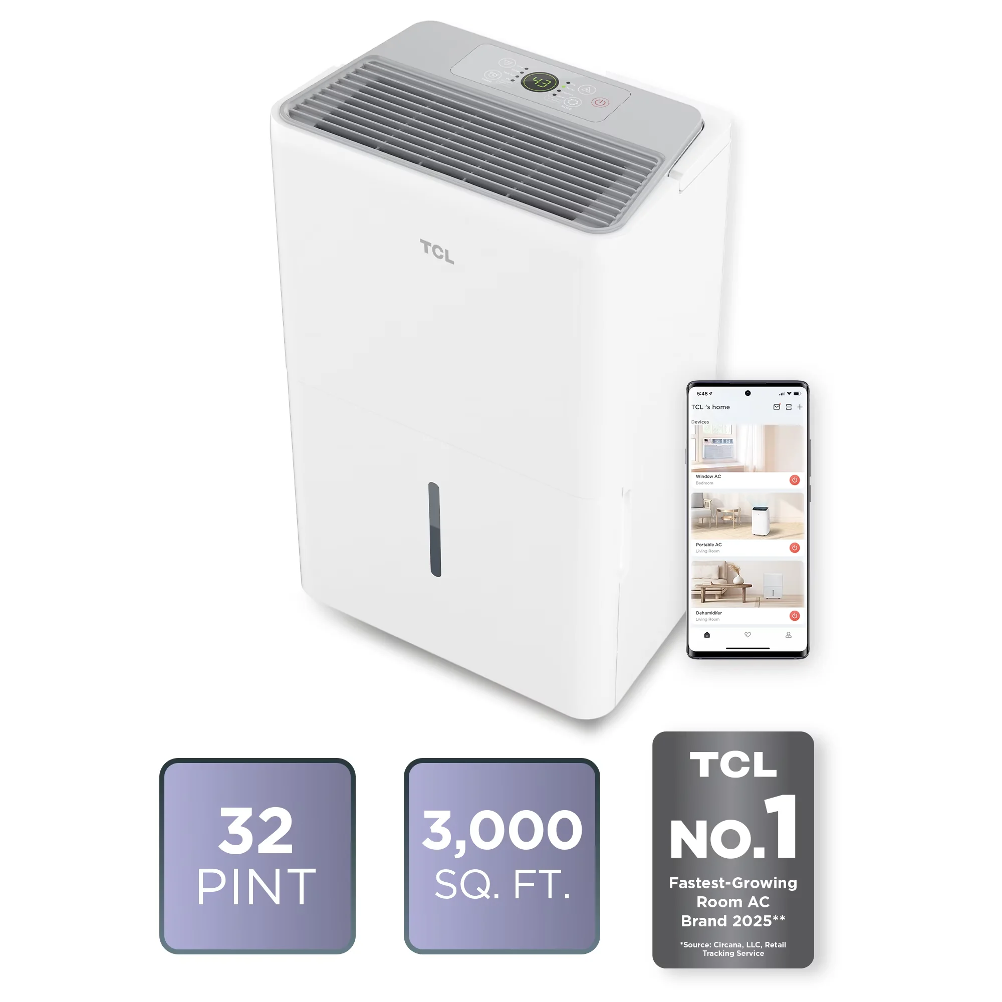 Stylish Dehumidifier with Smart Technology Capable, Rooms up to 3000 sq ft - White Model B0697F