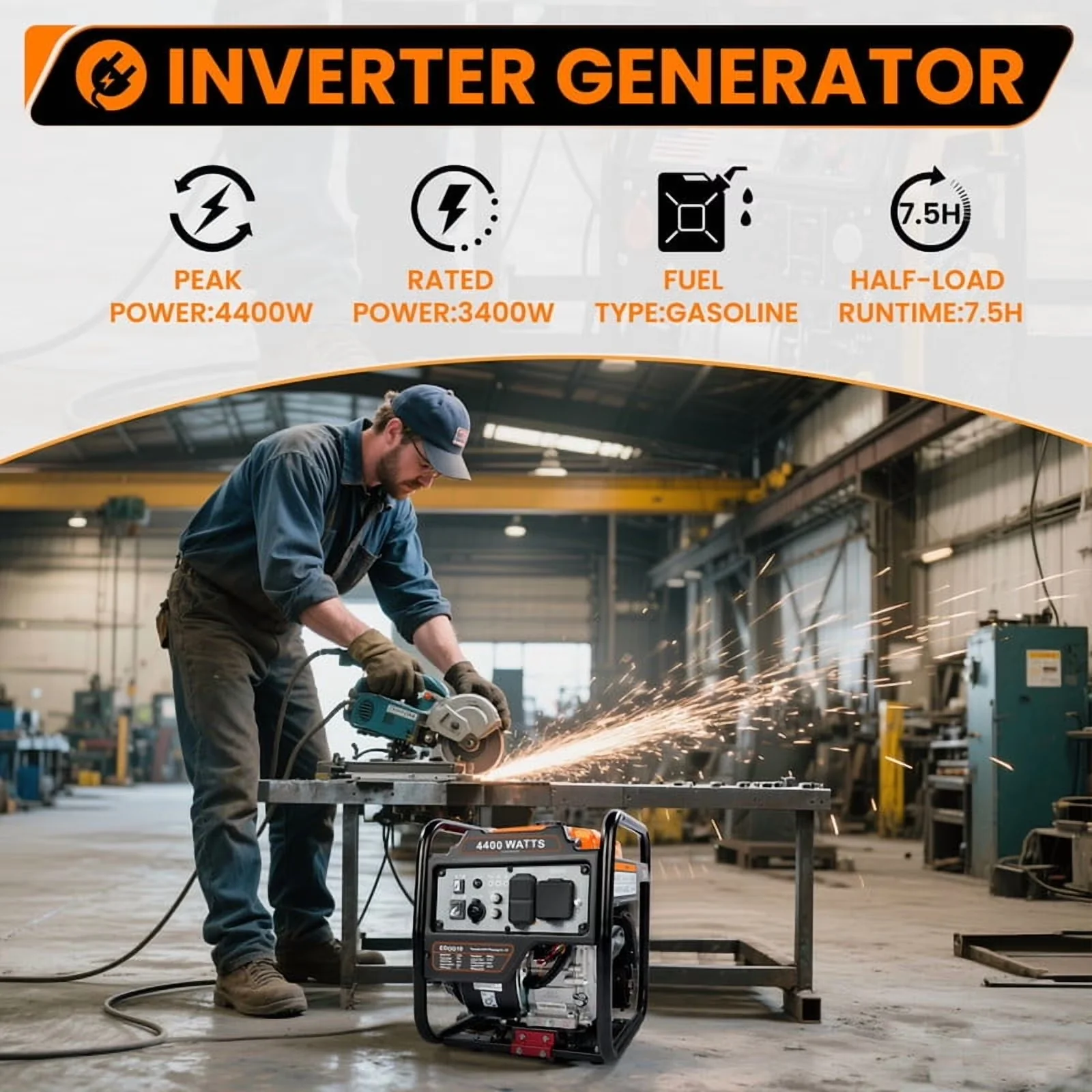 Durable Generator with 4400W, Low Oil Shutdown, 4400W Inverter Gas Powered for Home, Outdoor - Model 751FC0