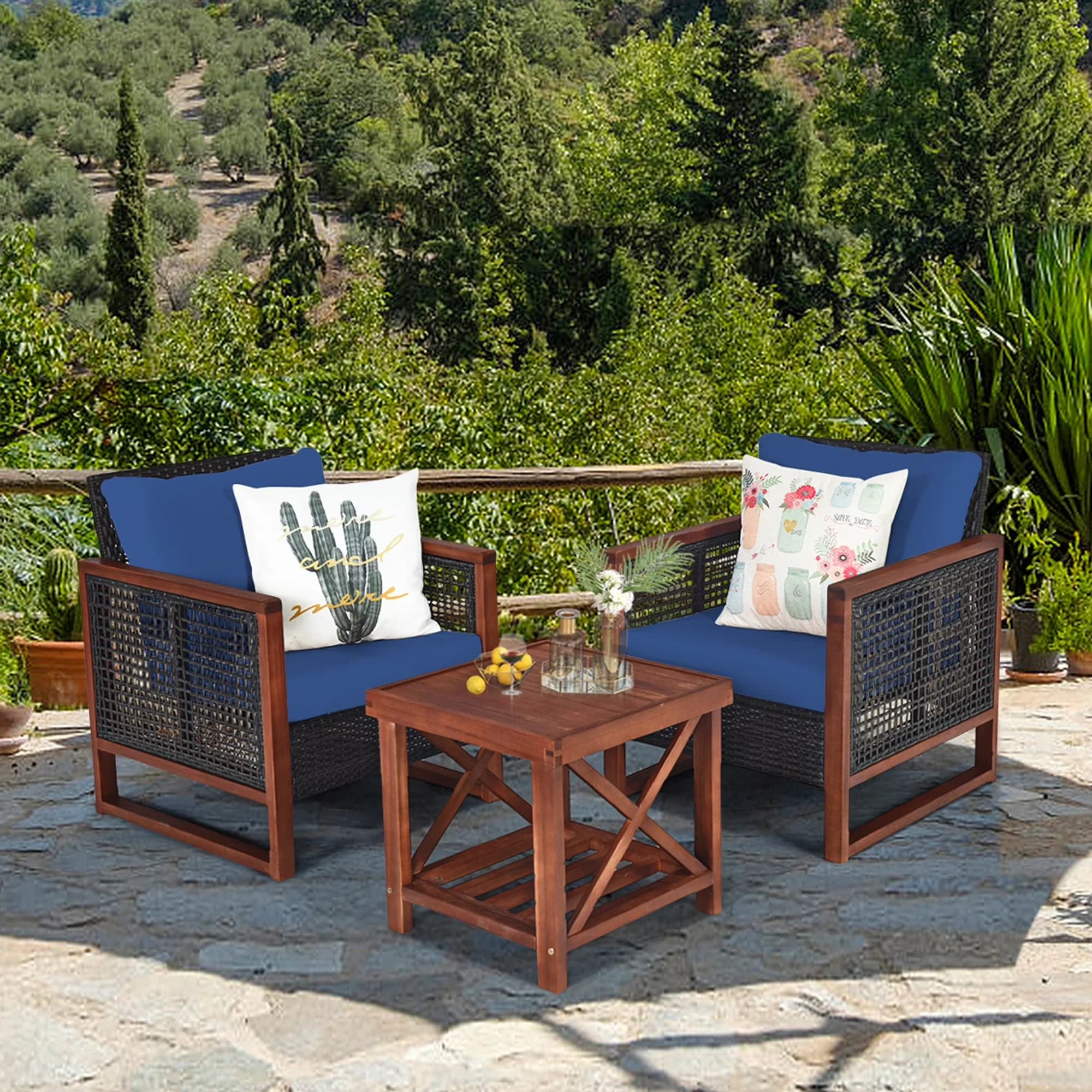 Premium Patio Conversation Set with Weatherproof - Blue Rattan 3PCS - Sleek Profile Model 78727F