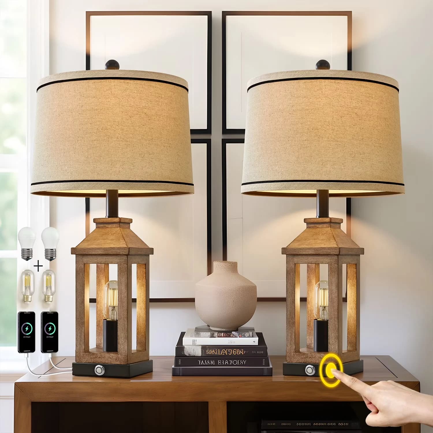 Modern Lamp Set with LED, Usb Port, Energy Efficient - Mdf, Plastic Beige for Living Room, Bedroom Model 5955BA