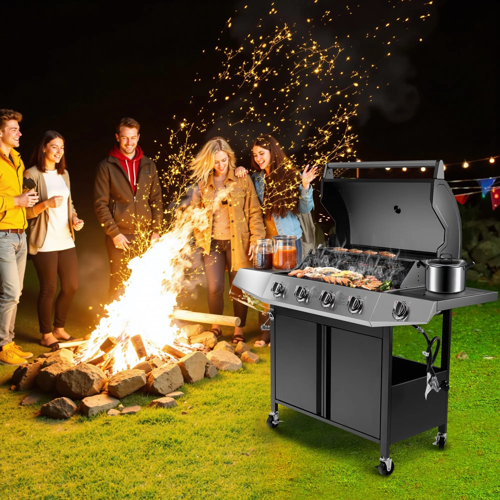 Modern Gas Grill with 50000 BTU, Enameled cast iron cooking grate, 566 sq.in Cooking Area - Stainless Steel for Outdoor, Party Model A9FA29