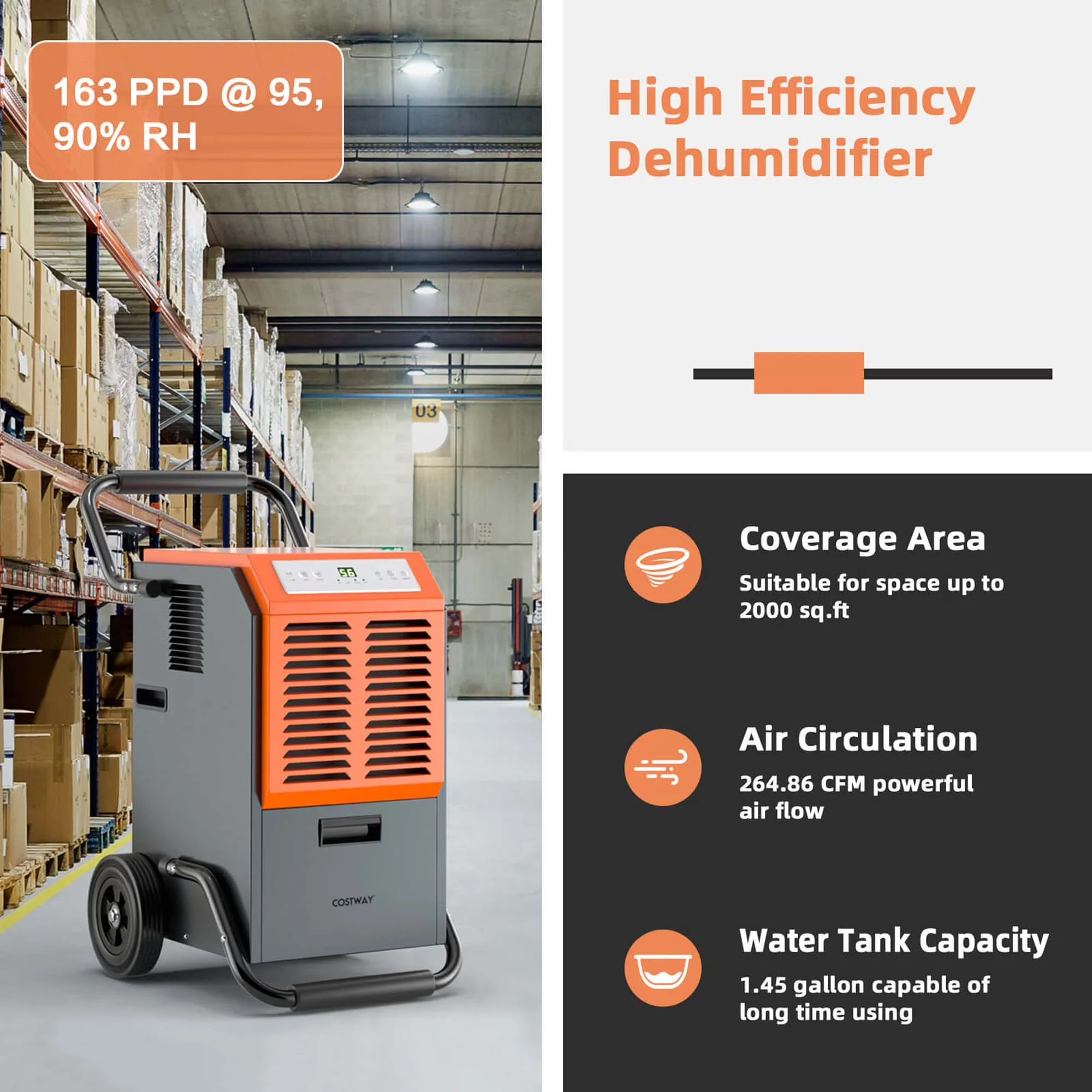 Premium Dehumidifier with Built-In Pump, Automatic Shut-Off, 45-Pint(DOE) Portable Commercial - Gray Model 60349F