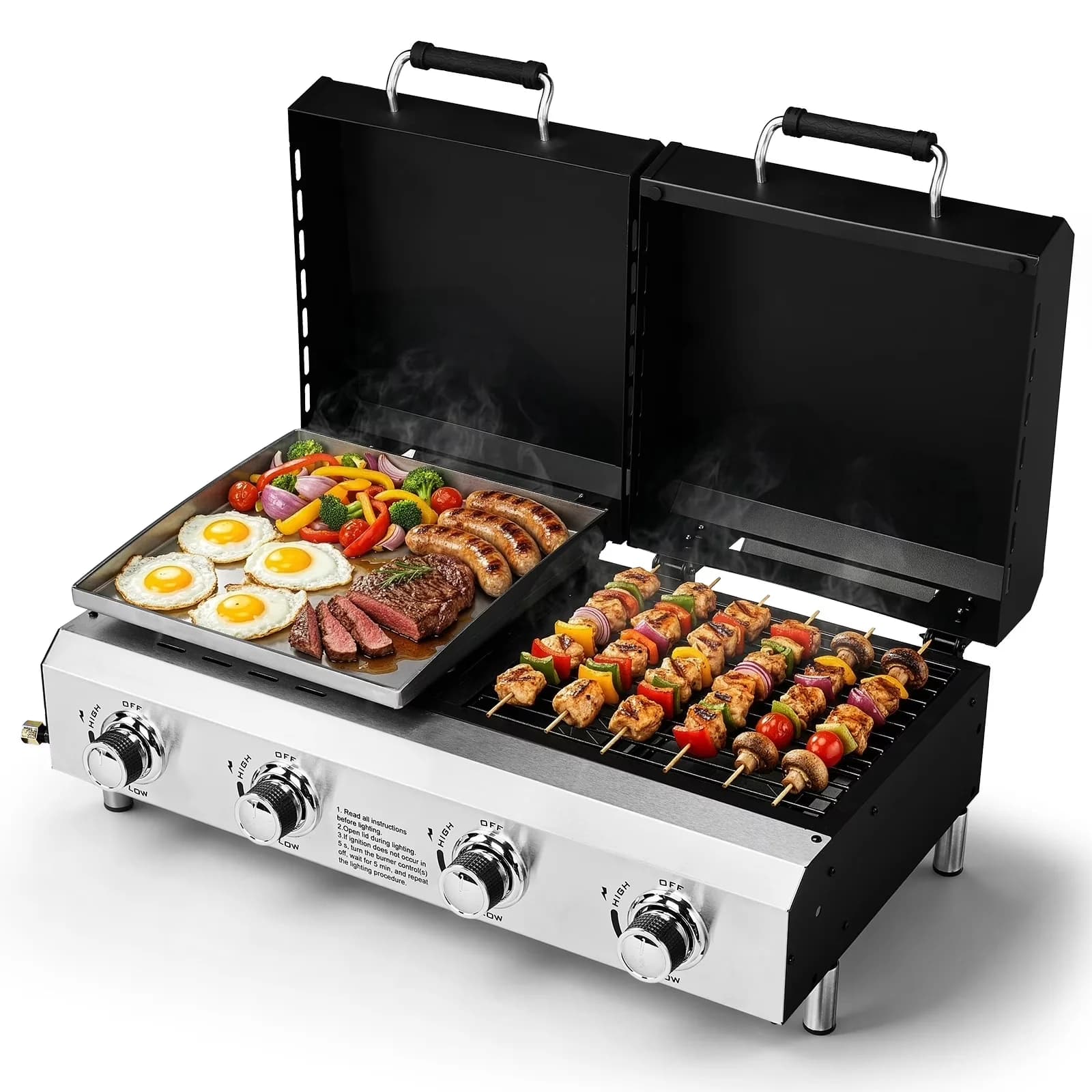 Compact Gas Grill with 40000 BTU, Portable, 4 Burner Propane and Griddle Combo - Iron, Enamel for Outdoor Model 028DED