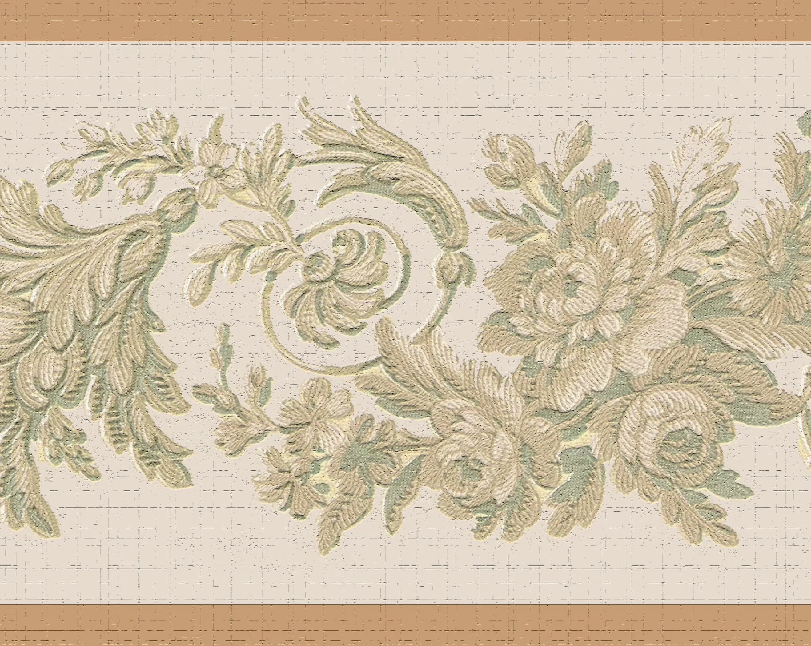 Classic Wallpaper with Washable, Beige Flowers on Vine, Peel and Stick Self Adhesive Border - High Quality Vinyl Wallpaper Green, Beige Model 22EFE7