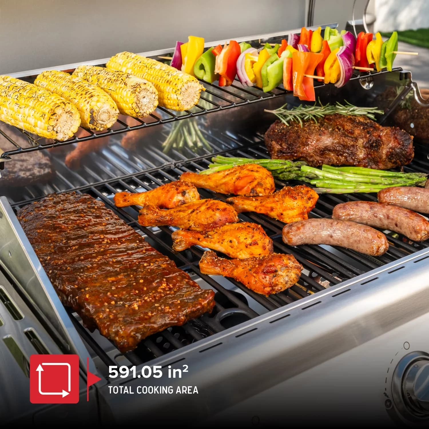 Compact Gas Grill with Foldable Legs, 3-Burner Stainless Steel Propane, Side Tables - Stainless Steel Silver Model 8D114F
