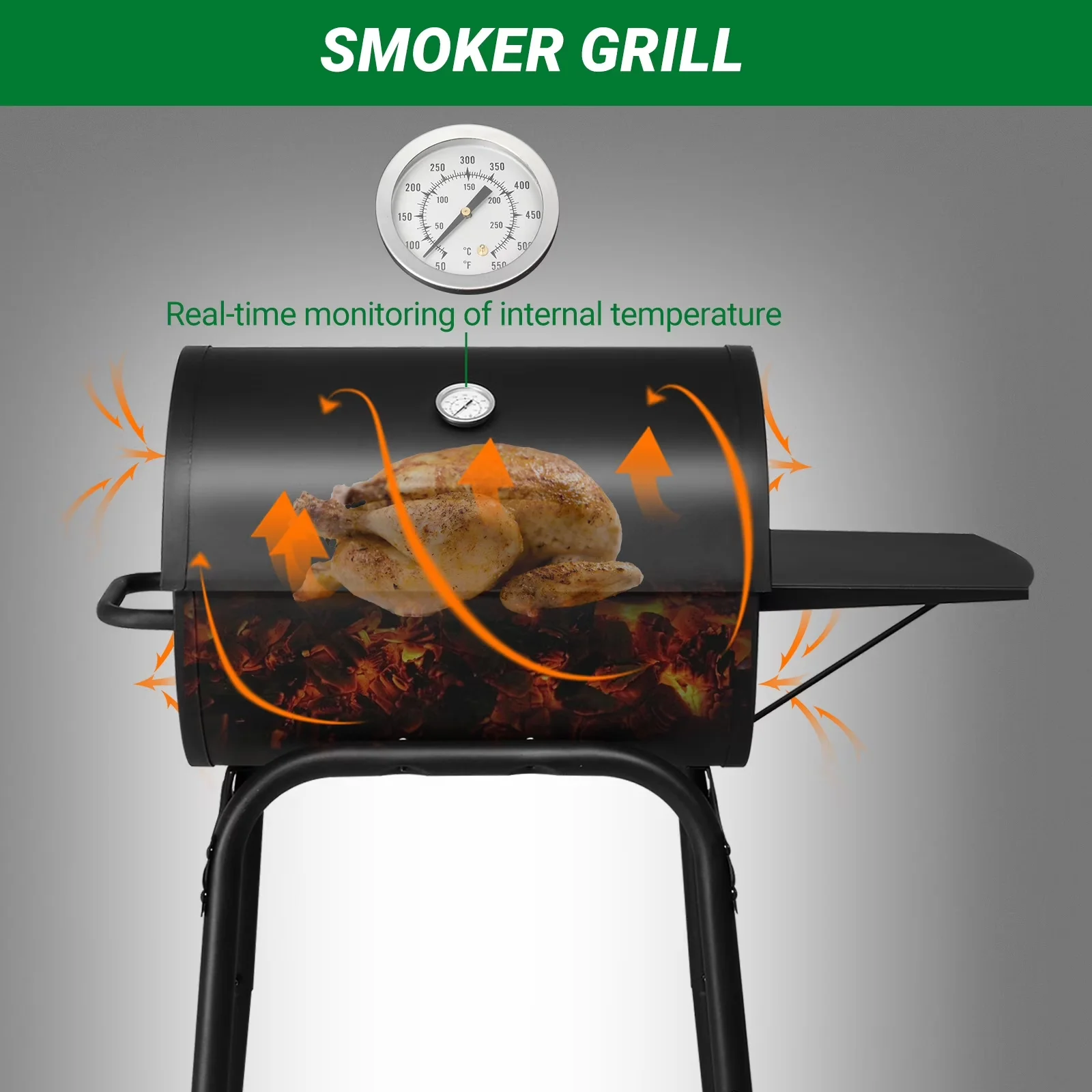 Durable Charcoal Grill with Thermometer, Product Size: (33.9 x 20.5 x 40.6)" - Steel Model 828BC4