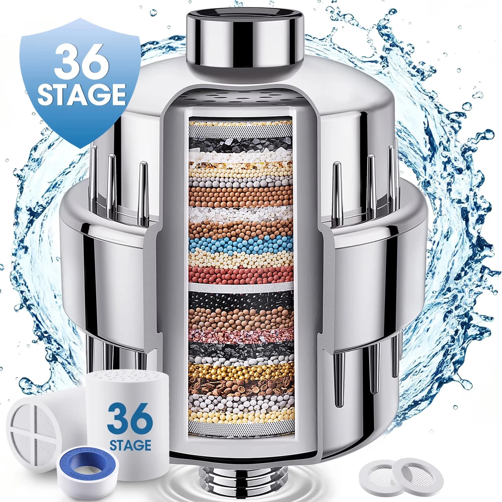 Essential Shower Head with Detachable, 2 Filter Cartridge - Stainless Steel Silver Model B626B7