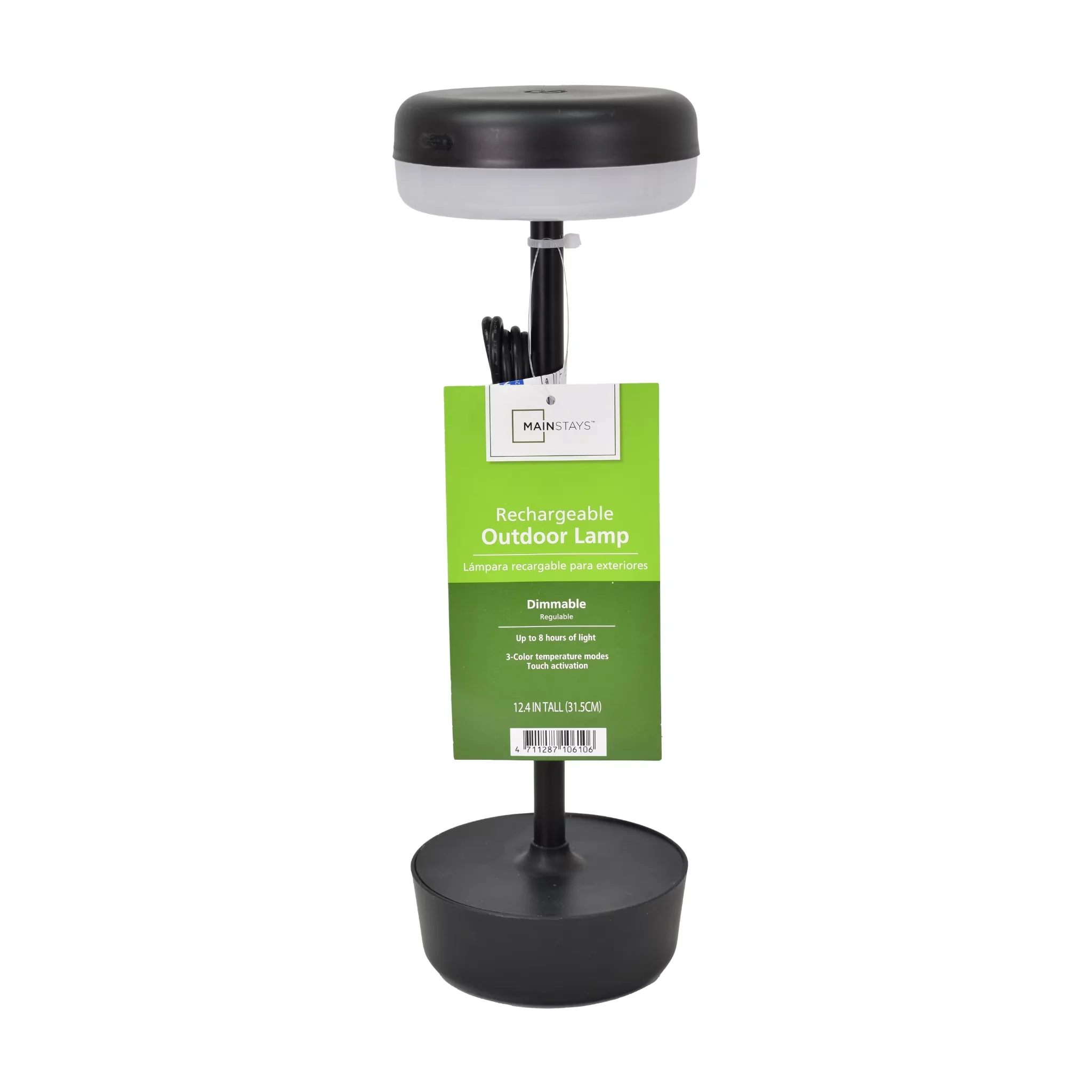 Compact Lamp with LED, Battery, 12-Inch Outdoor Rechargeable Table - Black Plastic + Metal Pole Model B12558