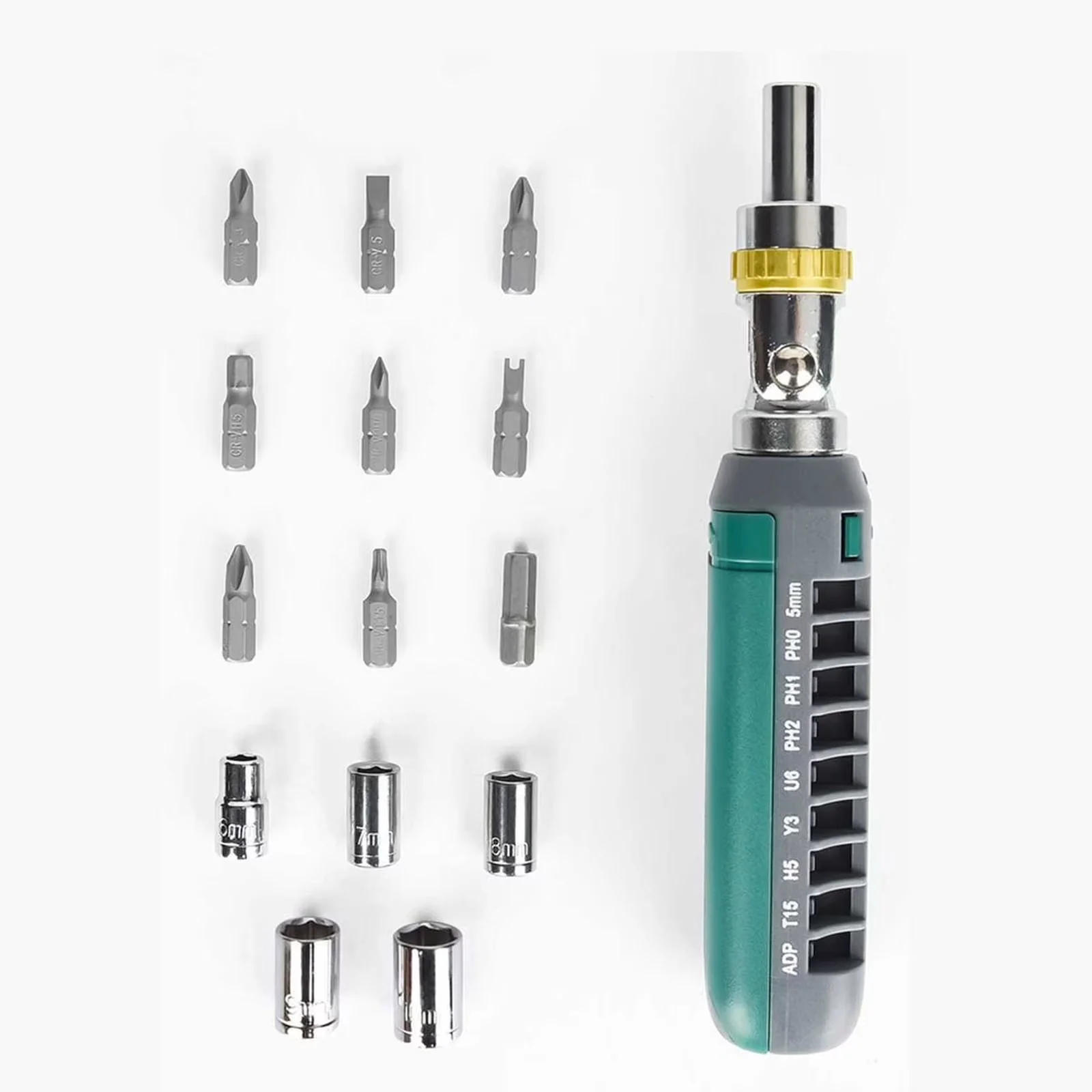 Sleek Hand Tool Set with Compact, 14-in-1 Ratchet Screwdriver, 48-Tooth Adjustable - Green Plastic Model 6C8CC6