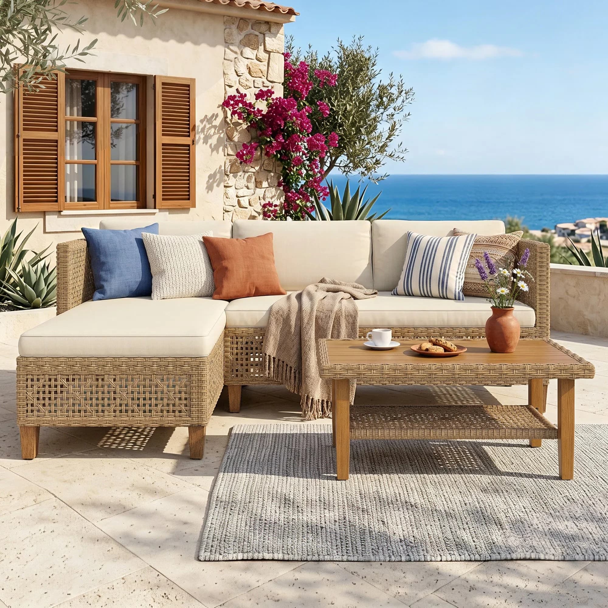 Versatile Patio Conversation Set with Weatherproof, Wood Coffee Table - Metal&Rattan&Sponge&Fabric Model 976704
