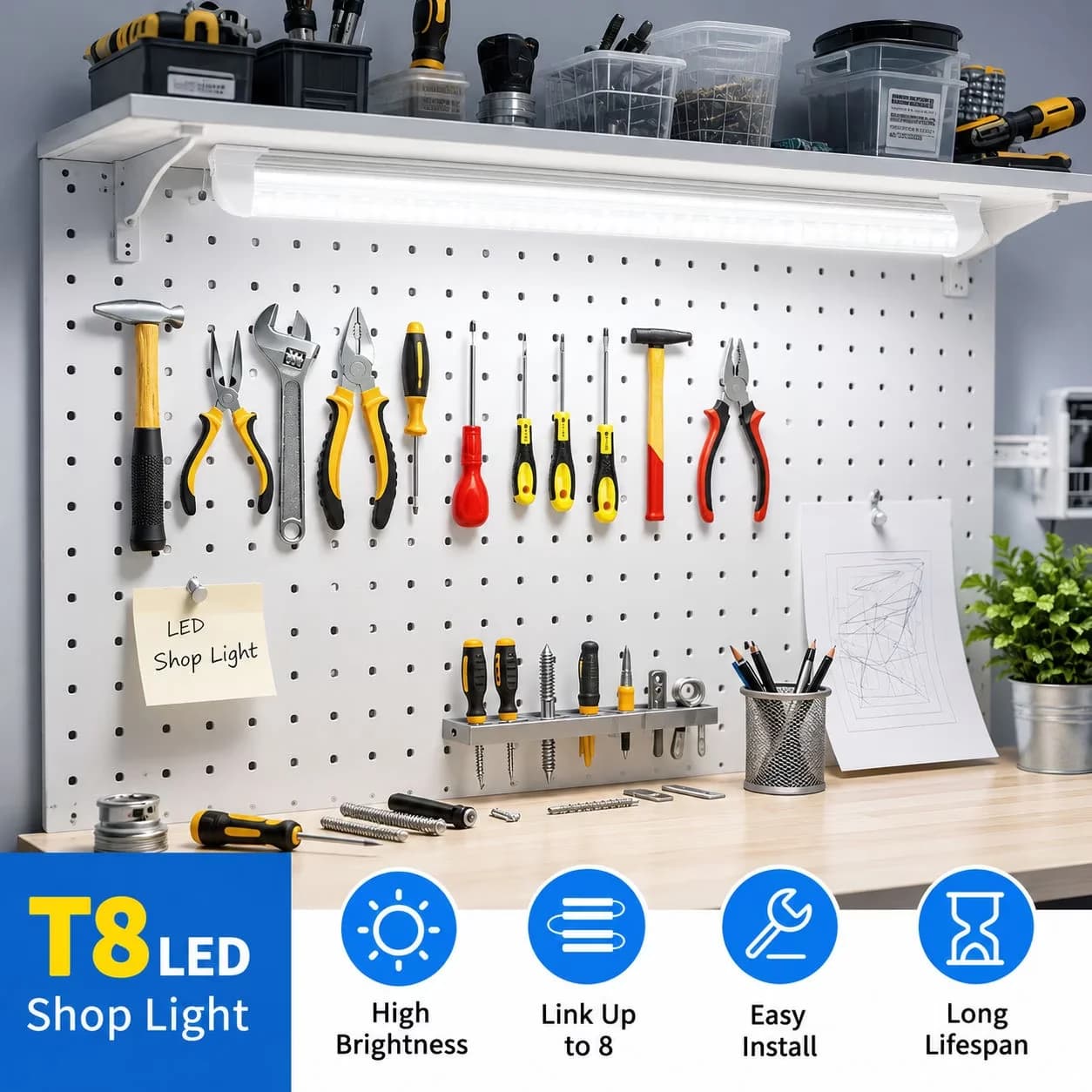 Modern Garage Storage Supply with LED, 28W, Energy Efficient - White 2' Model 85E930