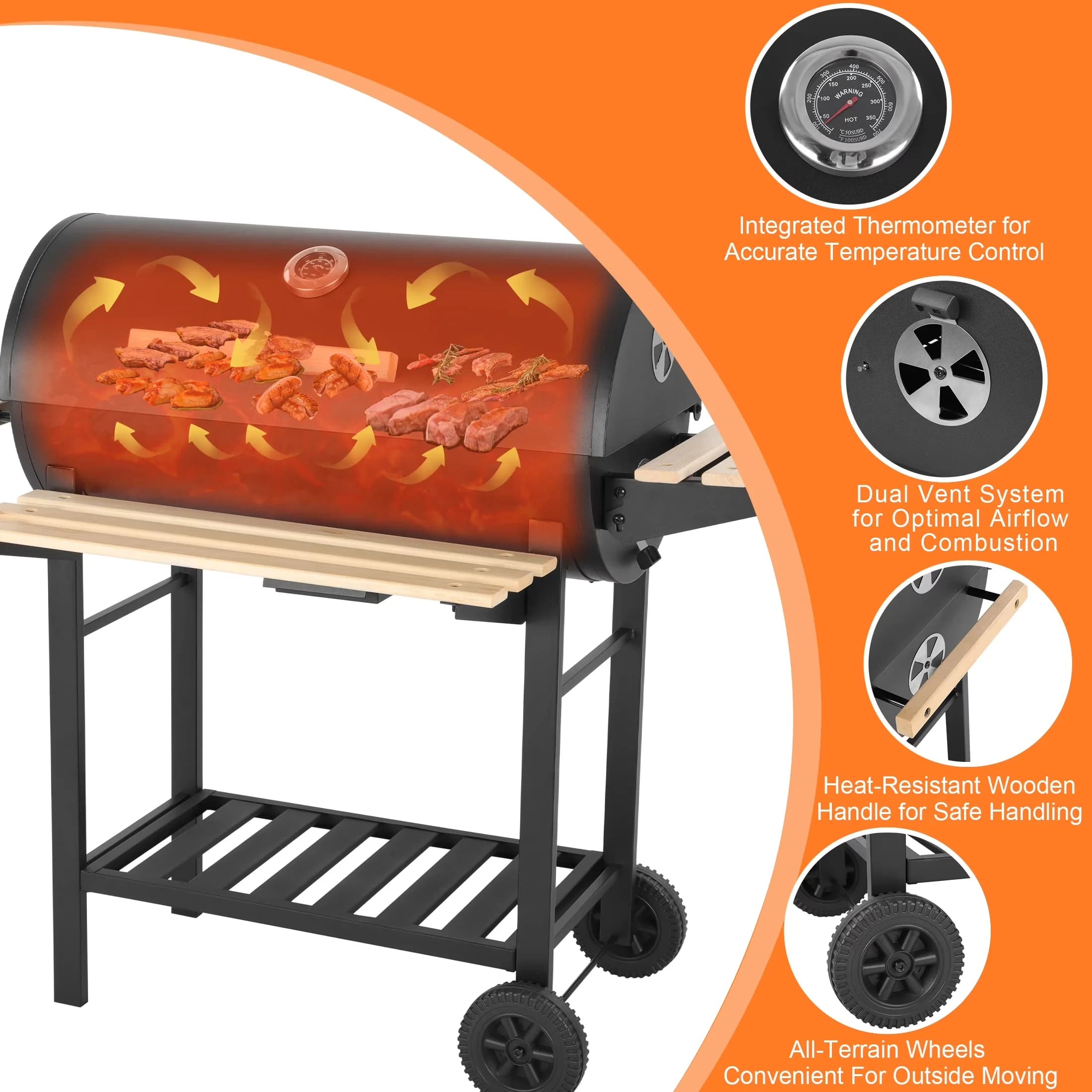 Professional Smoker with Thermometer, Portable, Adjustable Air Vents - Steel Model 214020
