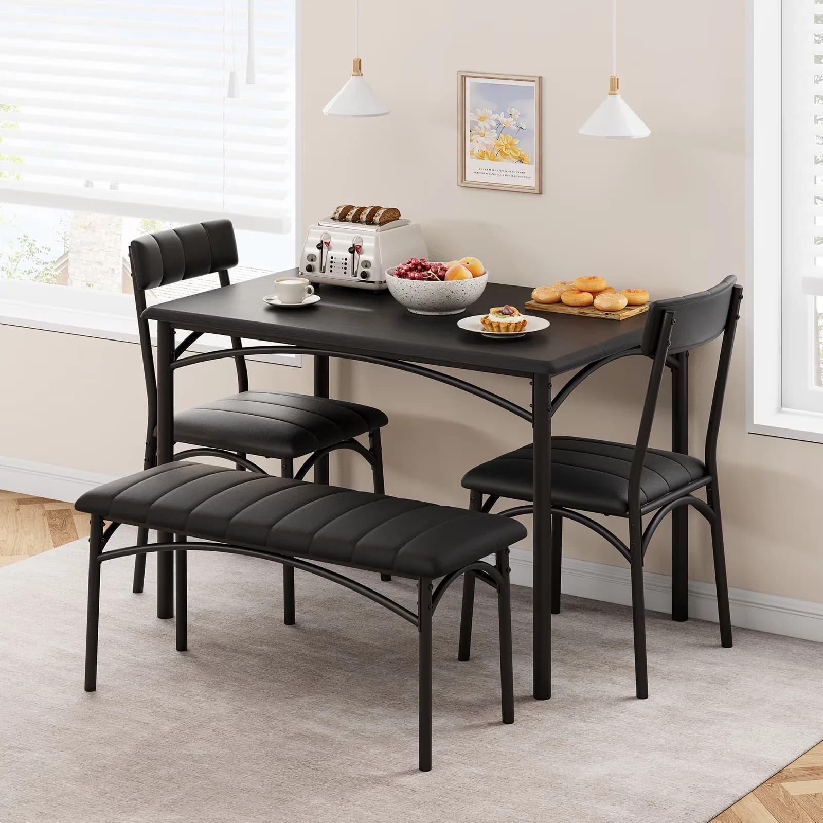 Stylish Patio Dining Set with Modern, 4-Person Table - Metal Black - Rustic Charm Model E542CE