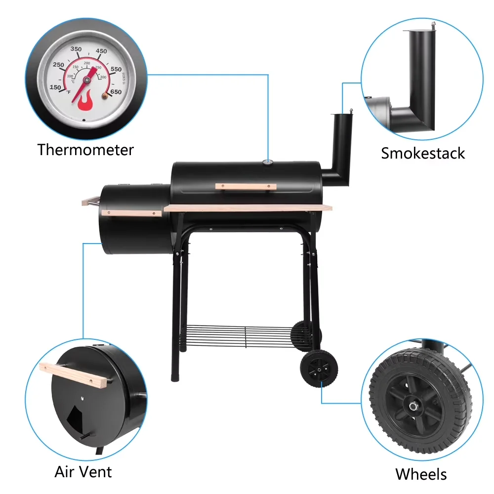 Compact Smoker with Thermometer, Portable, Large Cooking Surface - Steel, Wood Black for Camping, Garden Model 8C46A8