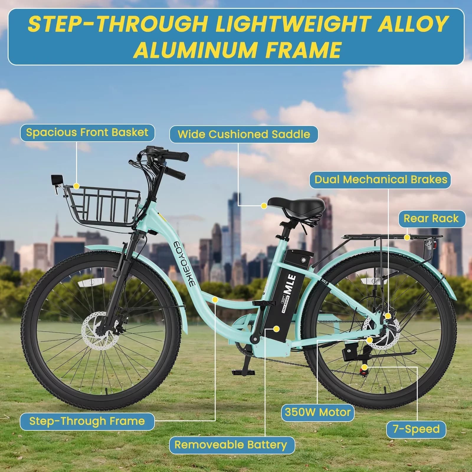 Modern Electric Bike with Battery, 36V, Multi-Speed - Cyan - Sleek Profile Model 201BE2