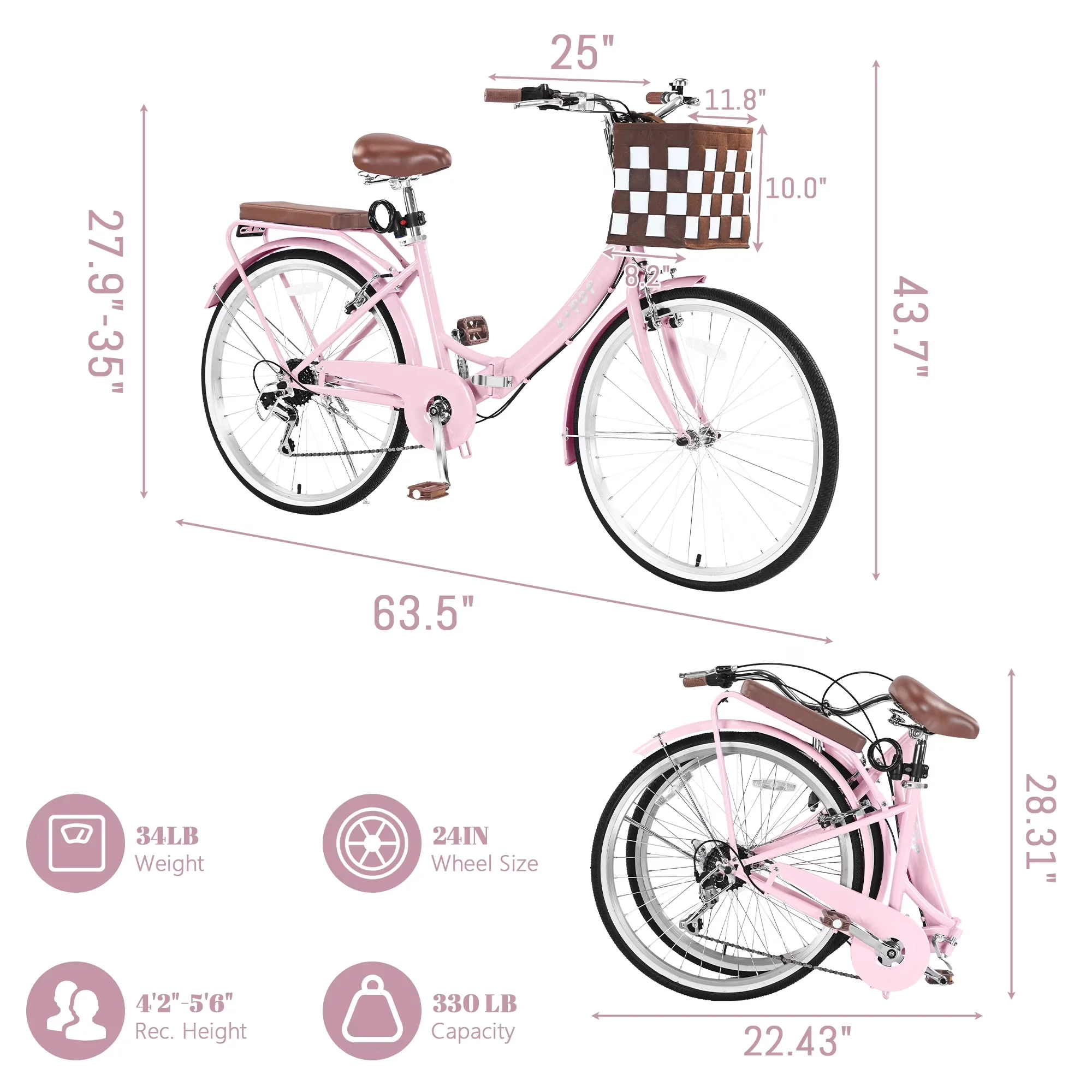 Professional Cruiser Bike with Adjustable Seat Height, Foldable - Pink Model 0AE7F2