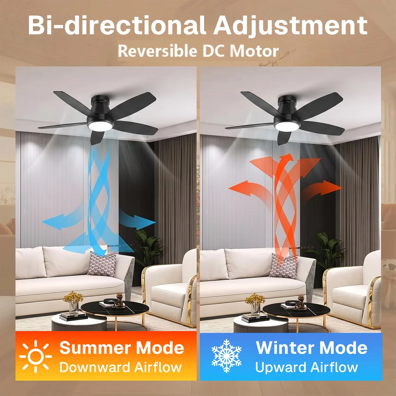 Ceiling Fan Modern with LED, Reverse Airflow, Contemporary - Black for Living Room, Bedroom Model B8CA20