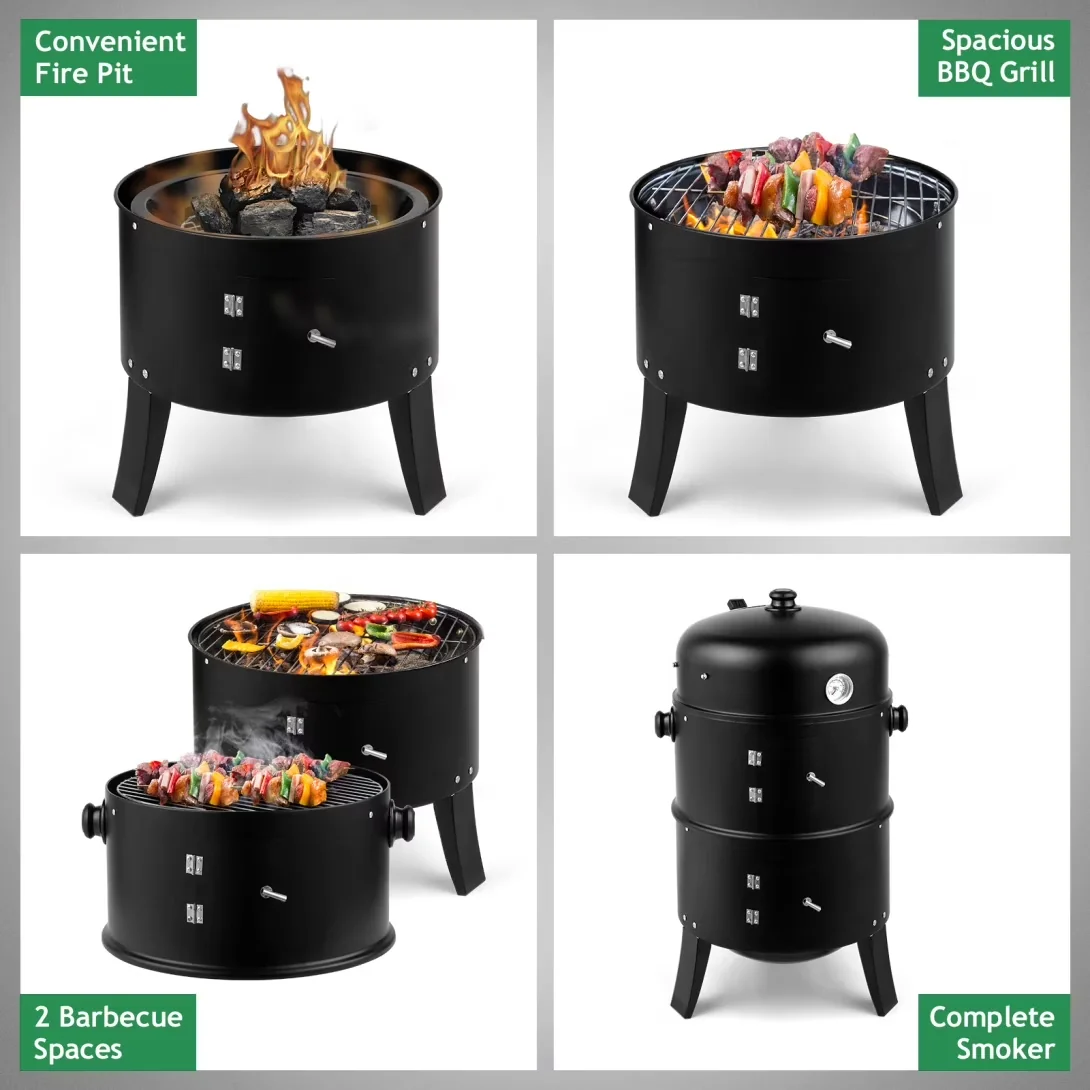 Professional Charcoal Grill with 31" Steel Smoker, Weight: 12 lbs, Thermometer - Iron Black for Outdoor, Patio Model AD48C6