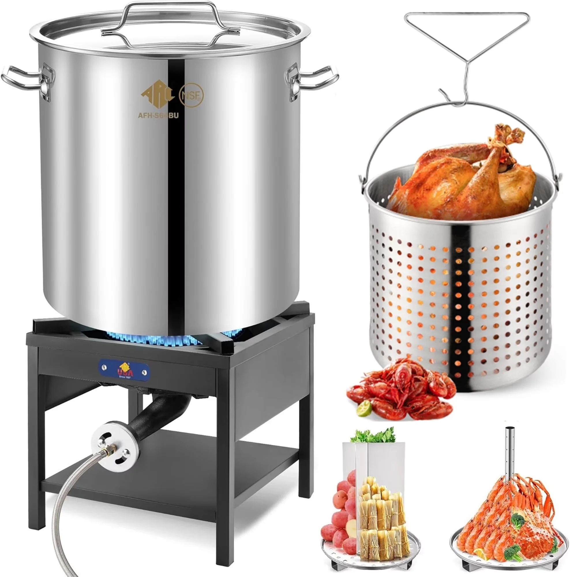 Efficient Outdoor Fryer with 200000 BTU, Basket and Turkey Burner, Shrimp Boil Pot - Silver Stainless Steel, Cast Iron Model E0F231
