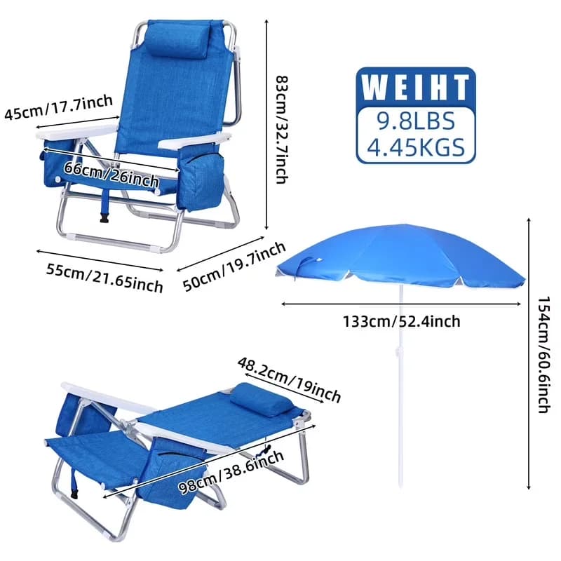 Beach Chair Innovative with Adjustable, Folding, 7-Position Reclining - Blue Model 66FC60