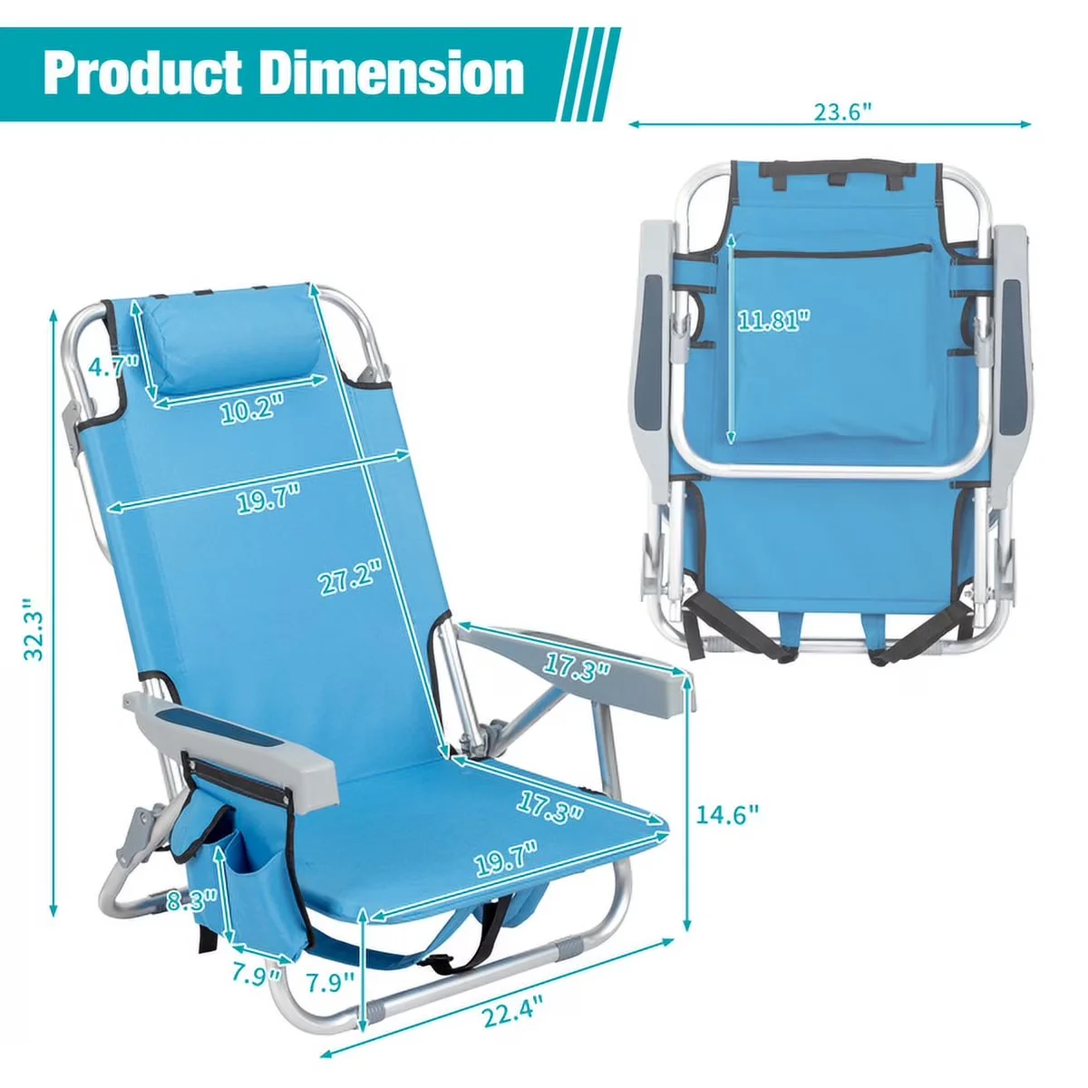 Reliable Beach Chair with Folding, Adjustable, Cup Holder Storage Pouches Blue - Blue-B Model 9C3755