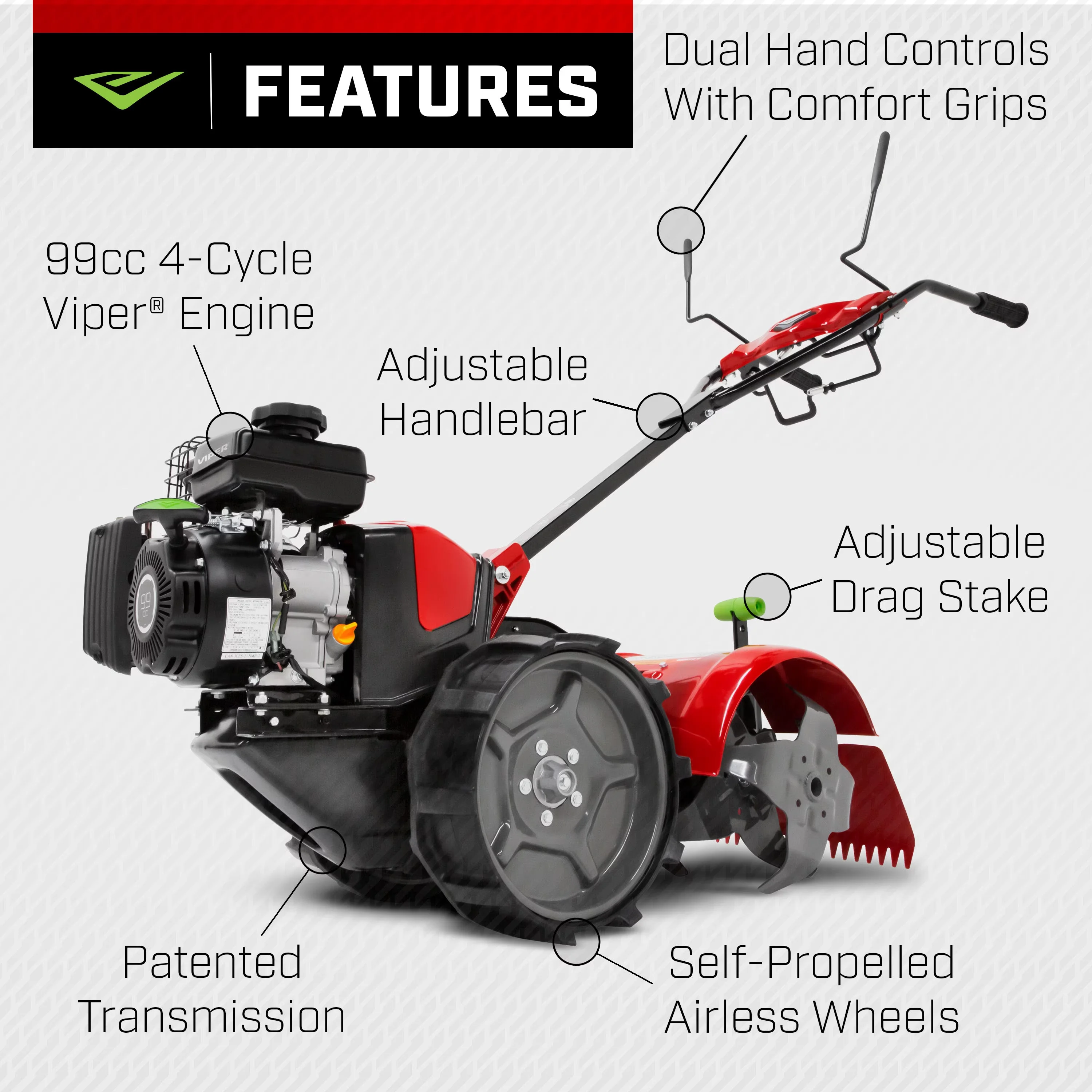 Durable Trillers Cultivator with Airless Wheels, Powerful 99cc 4-Cycle Viper Engine, Lightweight and maneuverable - Model 852286