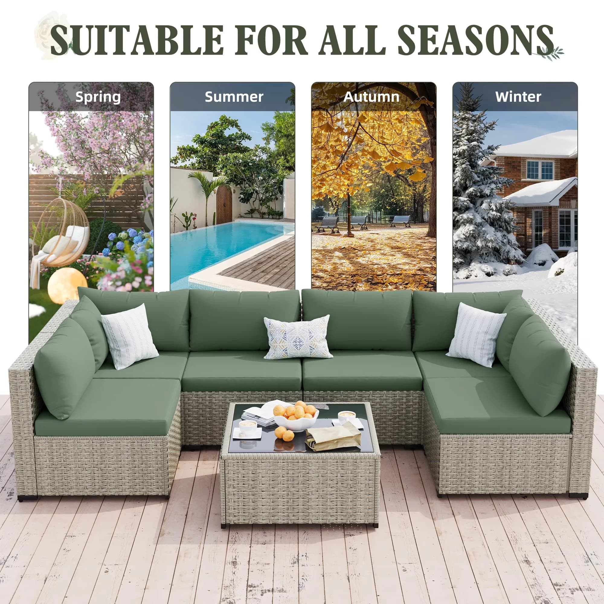 Durable Patio Conversation Set with Weatherproof, 7 Pieces - Rattan Green Model B979F7
