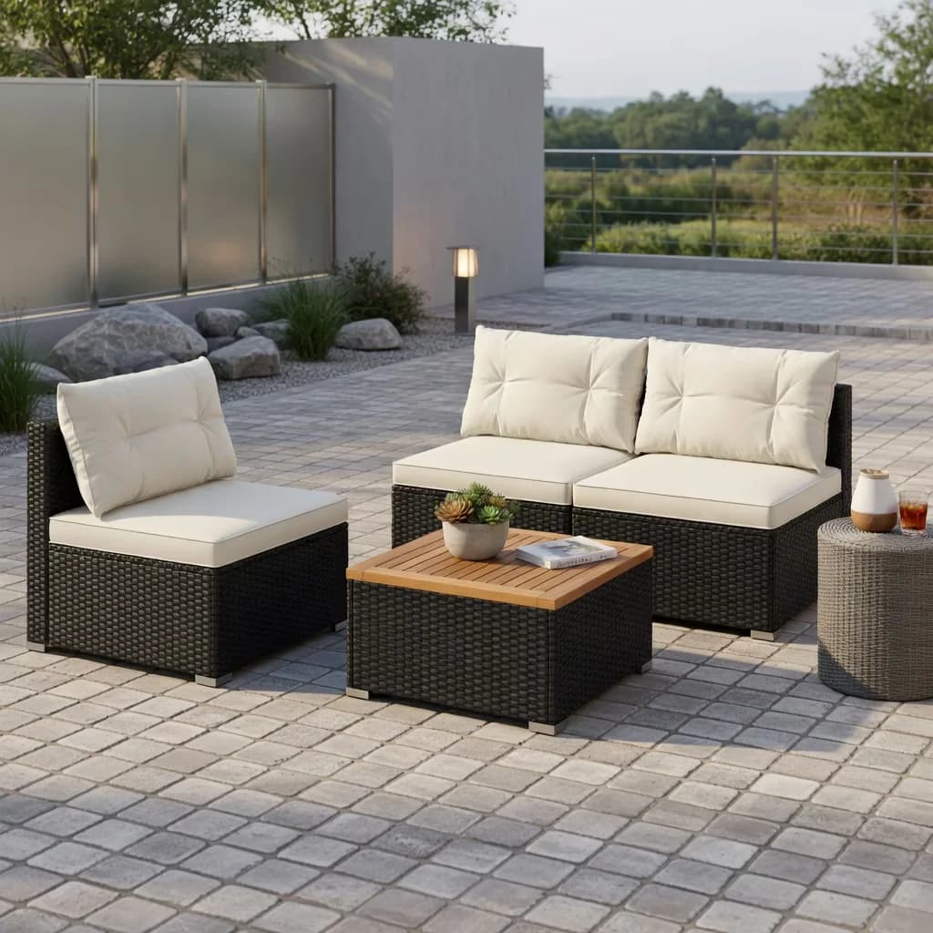 Patio Dining Set Classic with 5 Piece Outdoor Furniture, Solid Tabletop and Soft Cushions - White Pe Rattan, Steel, Acacia Wood,... Model A3ABDD