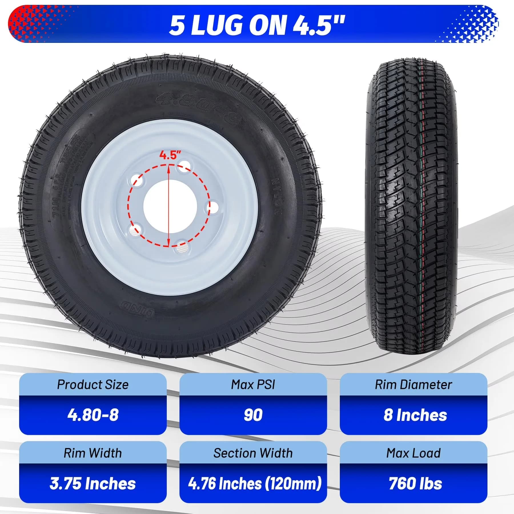 Reliable Golf Cart Tire with Dot Approved, 8'' Rims, 5 Lug on 4.5'' - 80-8 Model 69477D