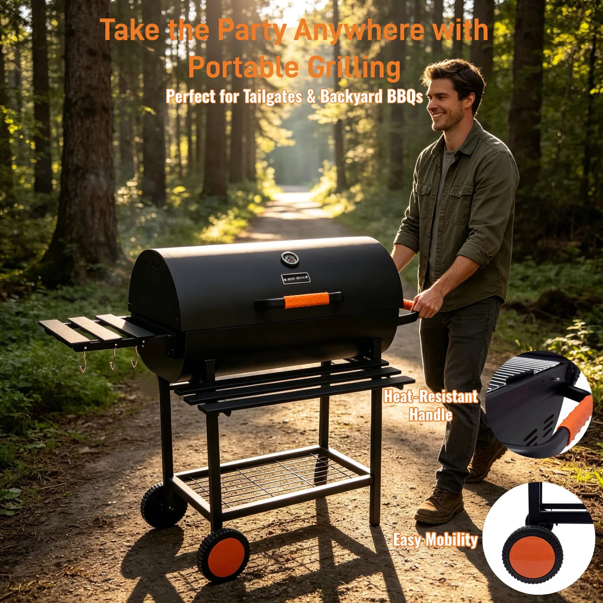 Classic Charcoal Grill with Removable Ash Catcher, Adjustable Air Vents, Adjustable Charcoal Tray - Black Metal, Stainless Steel Model 0BA105