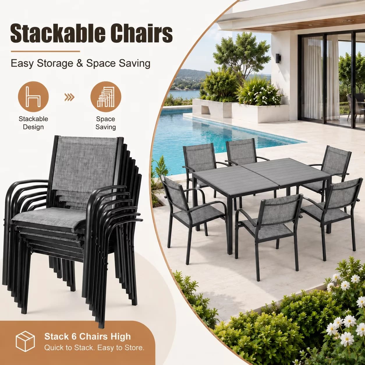 Patio Conversation Set Quality with Modern, Dining Table, 7 Piece Outdoor Dining - Gray Textilene + Steel Frame + Plastic Wood Model 3B6D9F