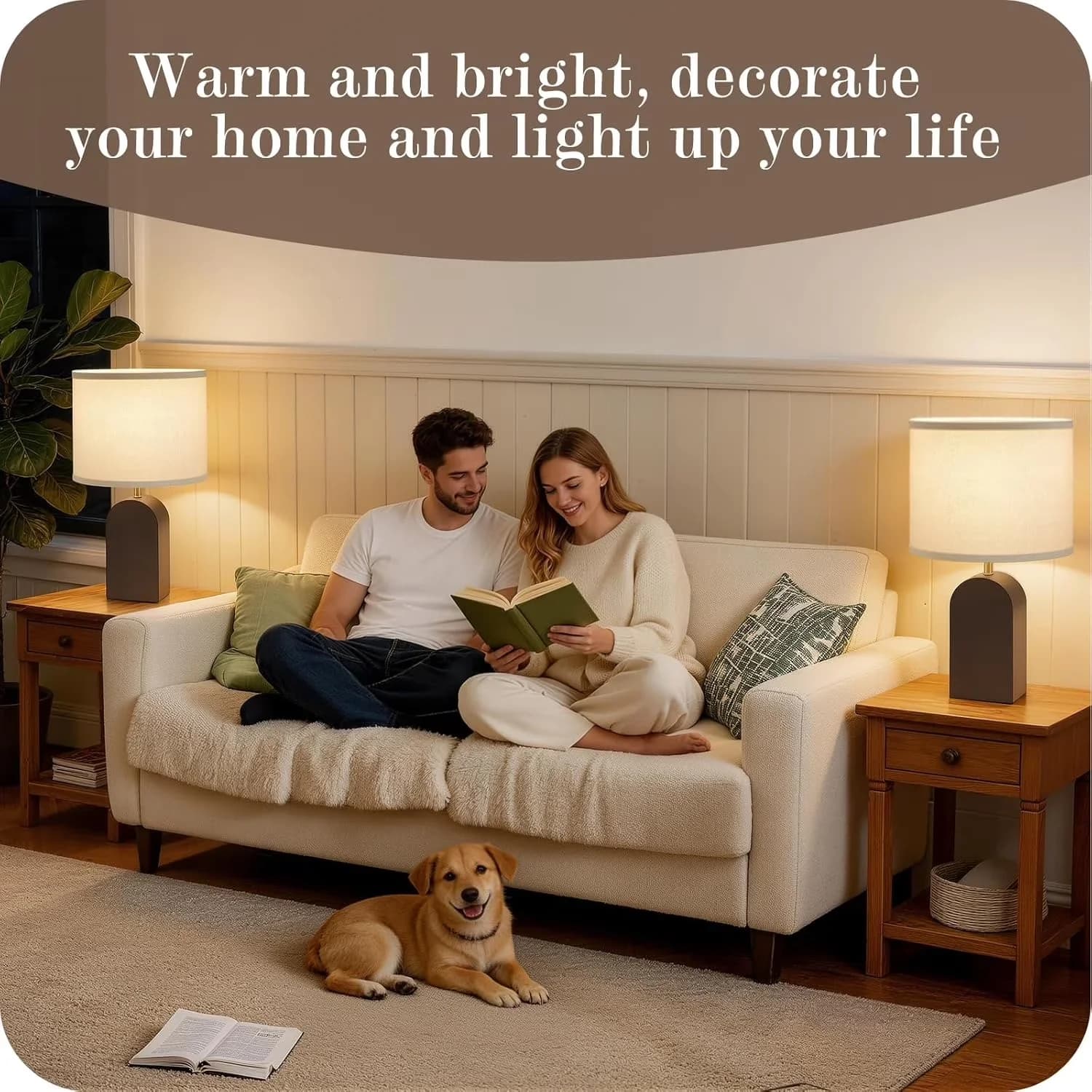 Efficient Lamp Set with LED, Industrial, Adjustable Color Temperatures - Brown Linen, Metal, Wood Model 1A9C95