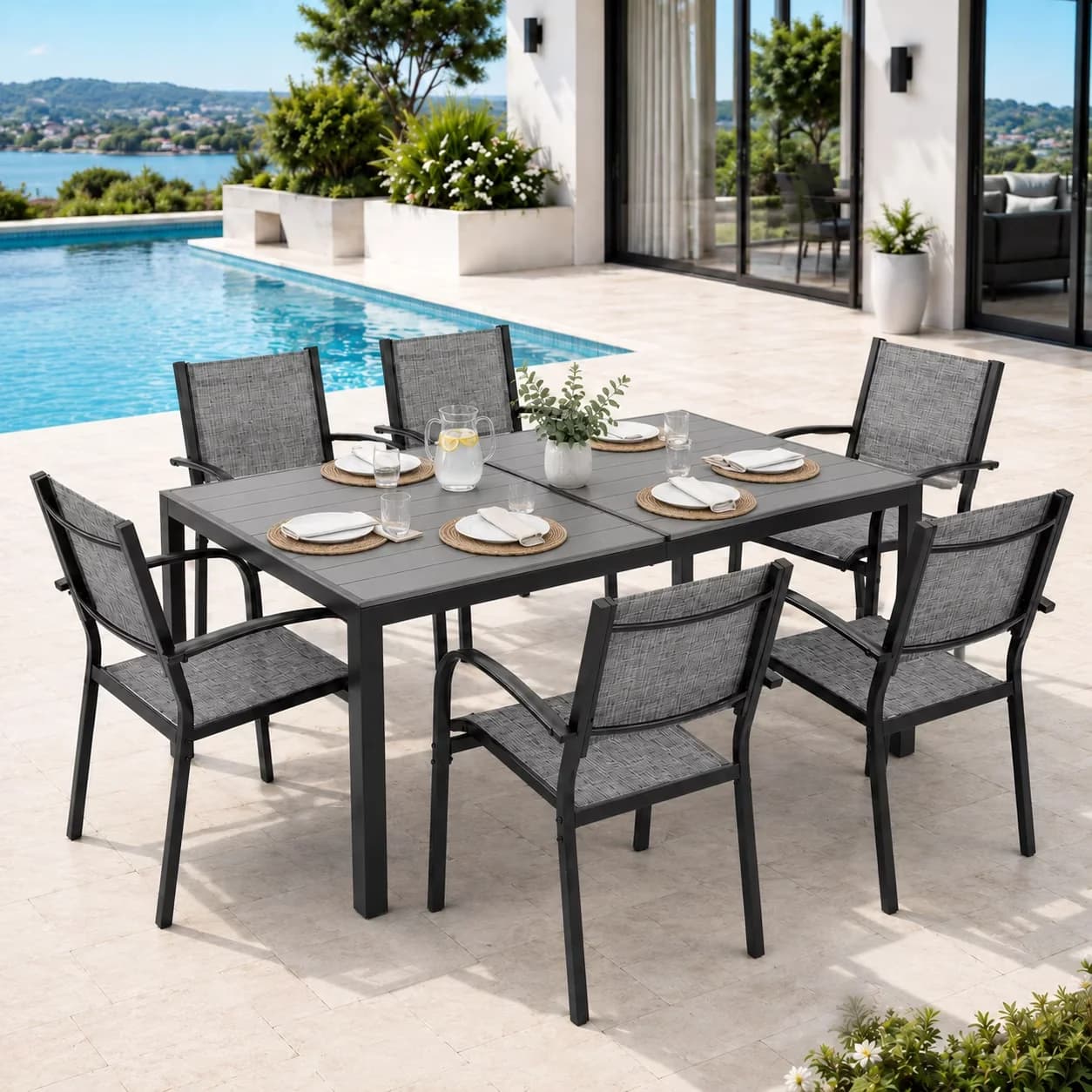 Patio Conversation Set Quality with Modern, Dining Table, 7 Piece Outdoor Dining - Gray Textilene + Steel Frame + Plastic Wood Model 3B6D9F