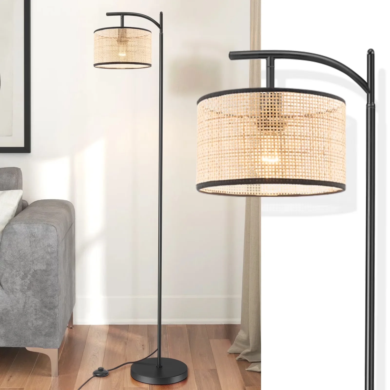 Stylish Floor Lamp with Incandescent, Standard Lamps, Boho Rattan - Black Metal for Living Room Model 7E2E7E