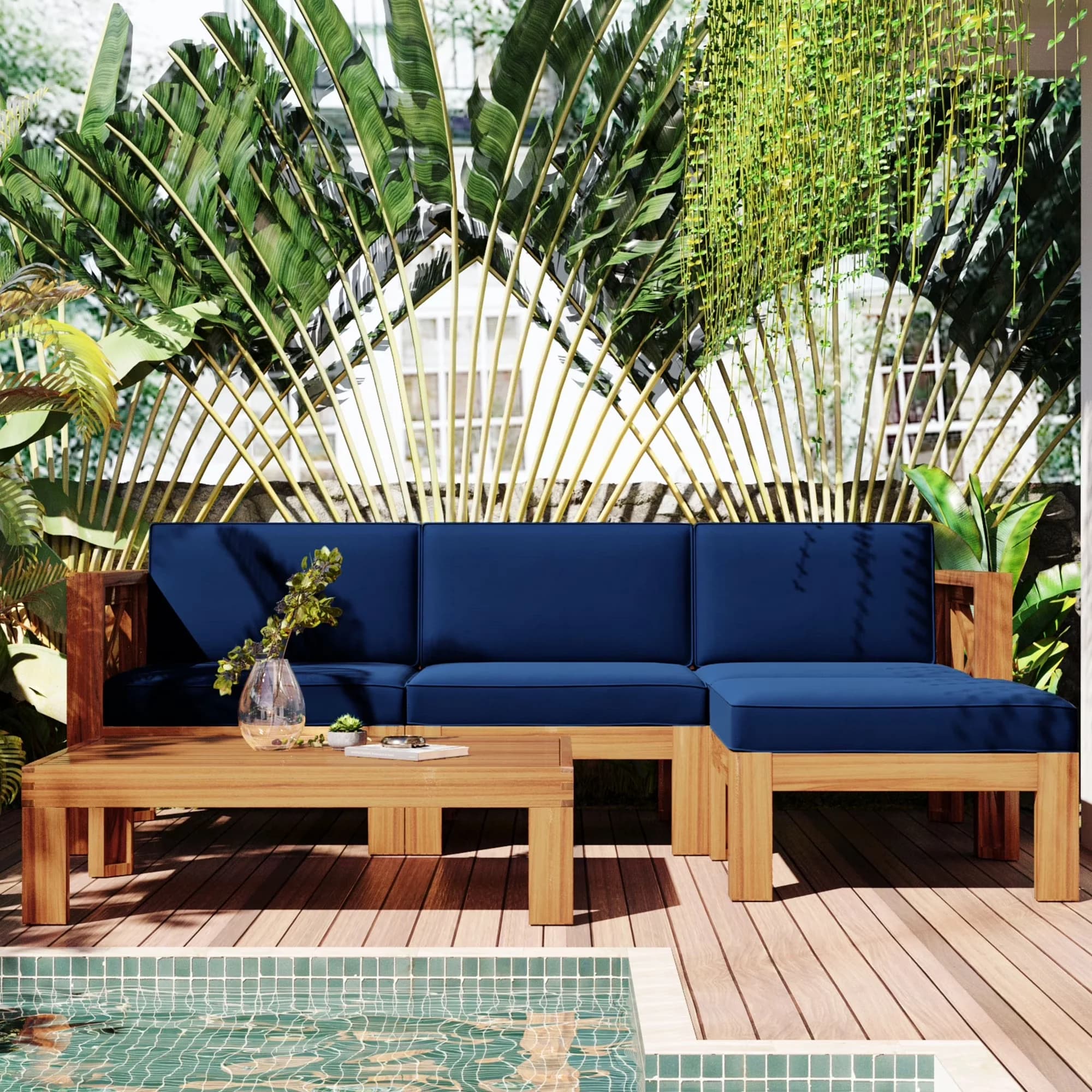 Outdoor Sofas Sectional Classic with Weatherproof, Cushions, Natural Finish+ Blue Cushions - Wood Off-White Model 487A75