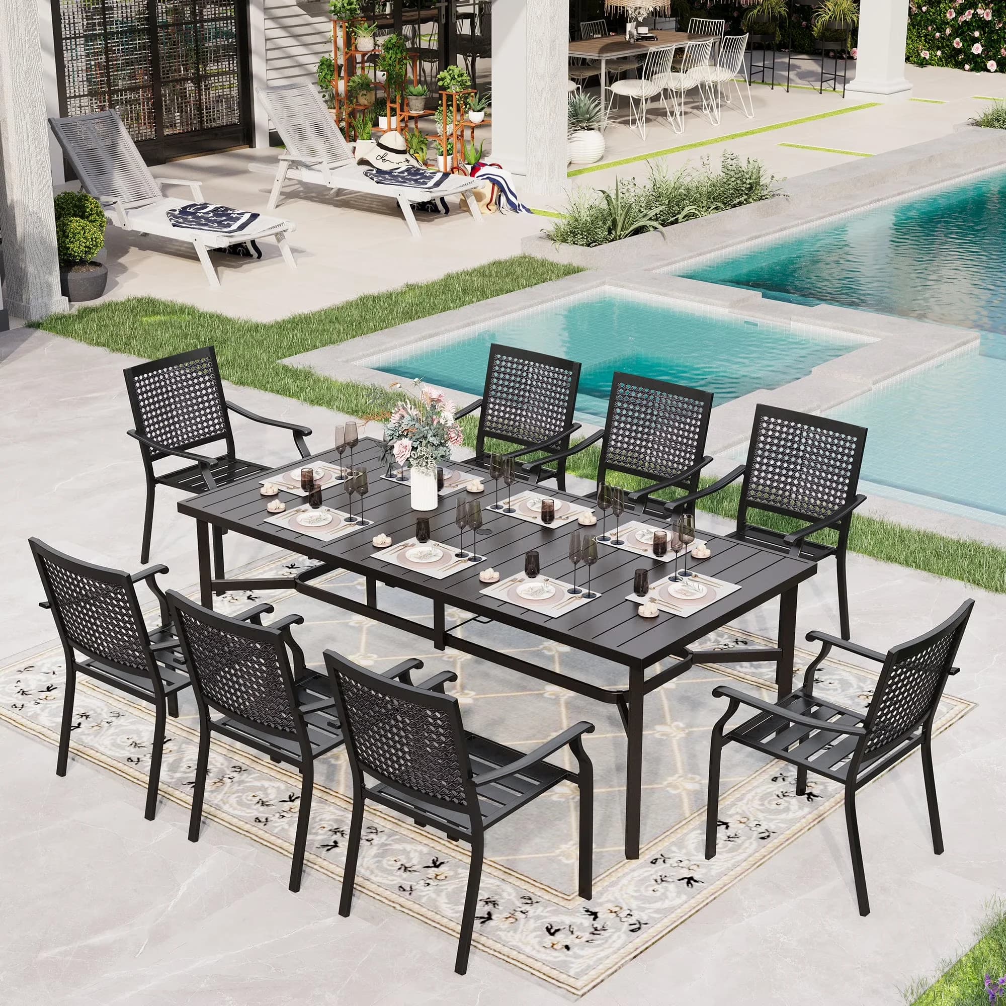 Patio Dining Set Professional with Modern, 9 Piece Outdoor Metal Furniture - Metal Black Model 74DF7F