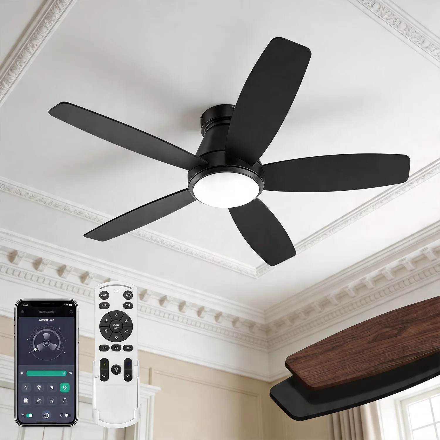 Ceiling Fan Modern with LED, Reverse Airflow, Contemporary - Black for Living Room, Bedroom Model B8CA20