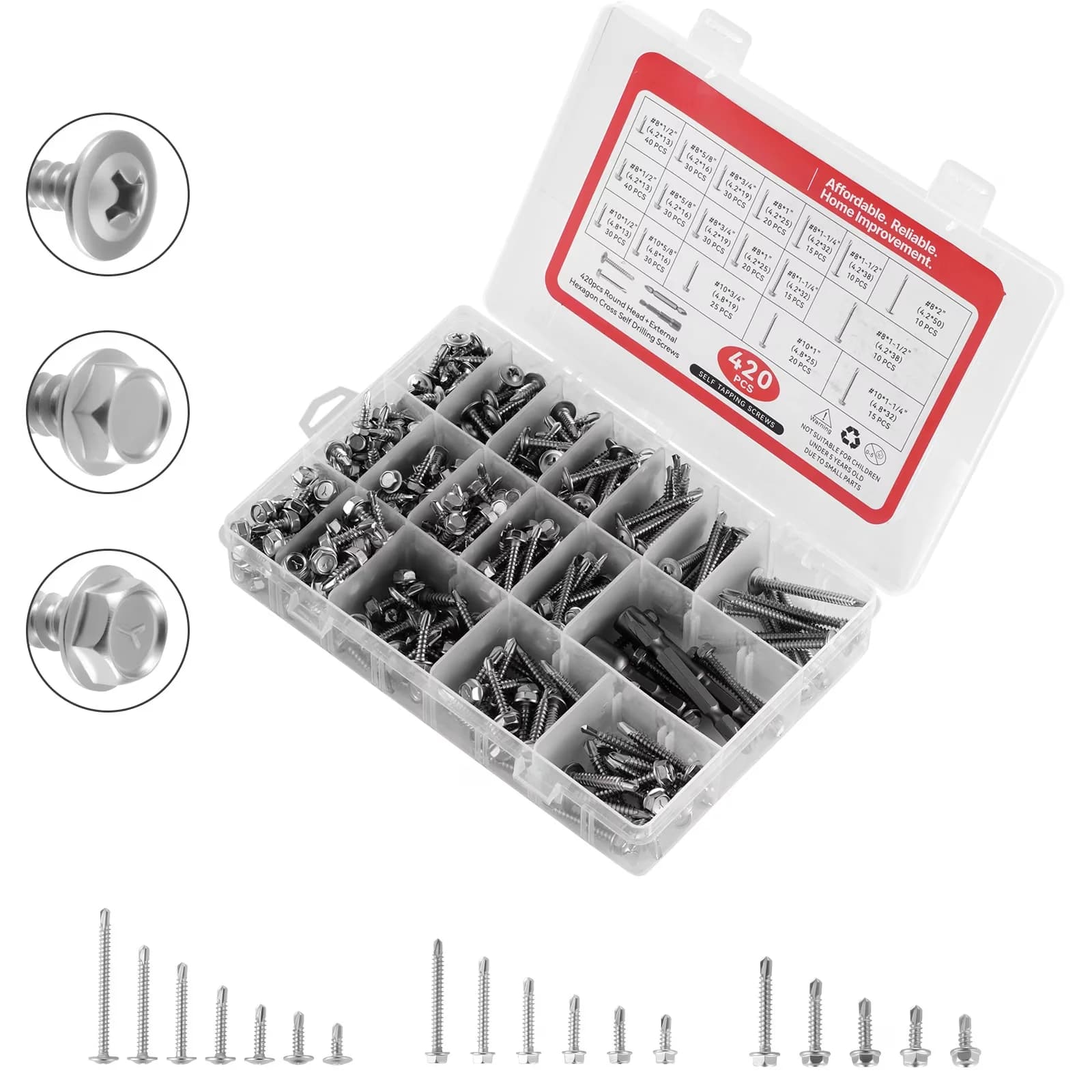 Fastener Compact with Stainless Steel #8 #10 Assortment Kit, 420 PCS Self-Drilling Screws - Silver Stainless Steel Model 6B967A