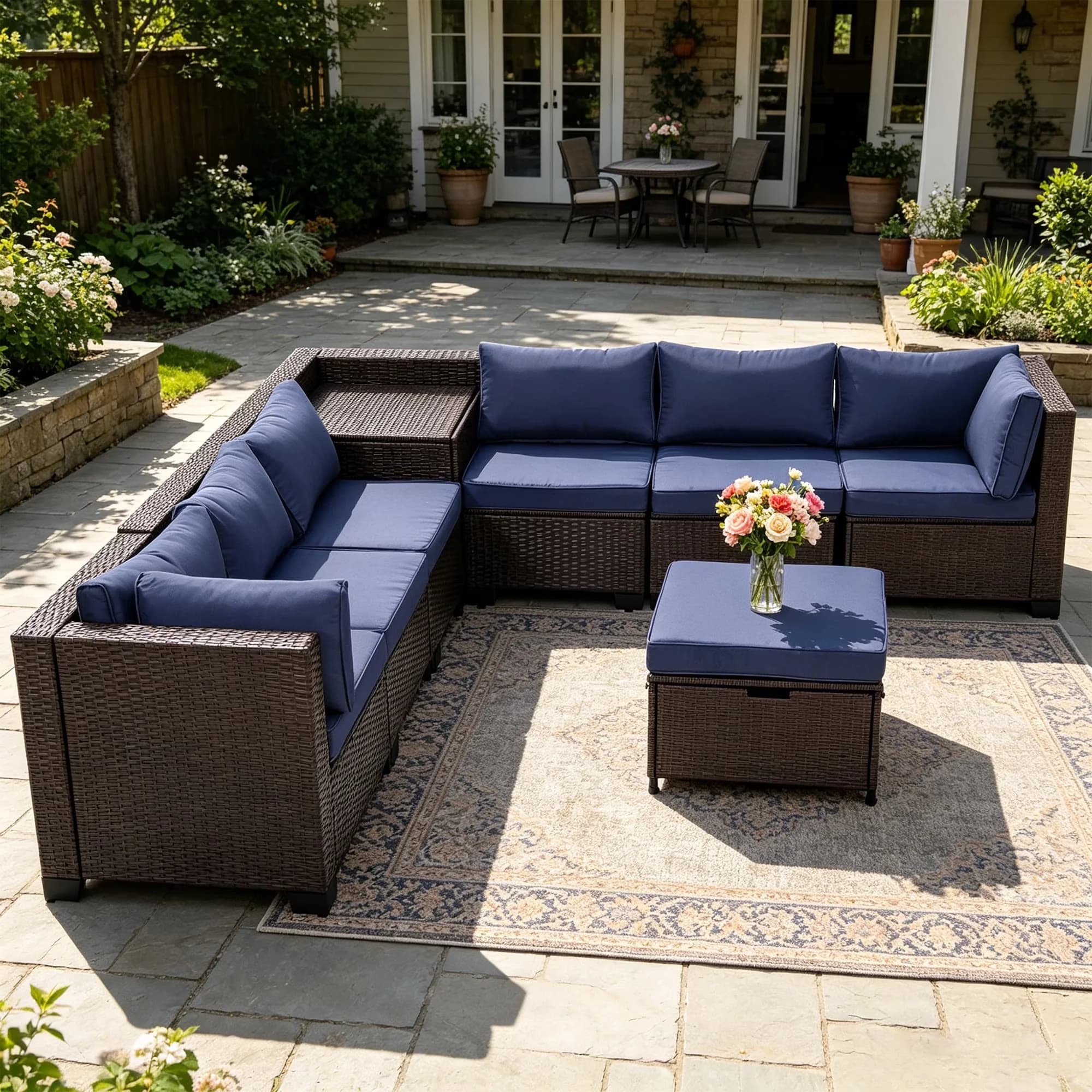 Reliable Patio Conversation Set with Weatherproof, Storage - Blue Steel Frame,Pe Rattan Wicker,Polyester Cushion,Sponge Model 00766E