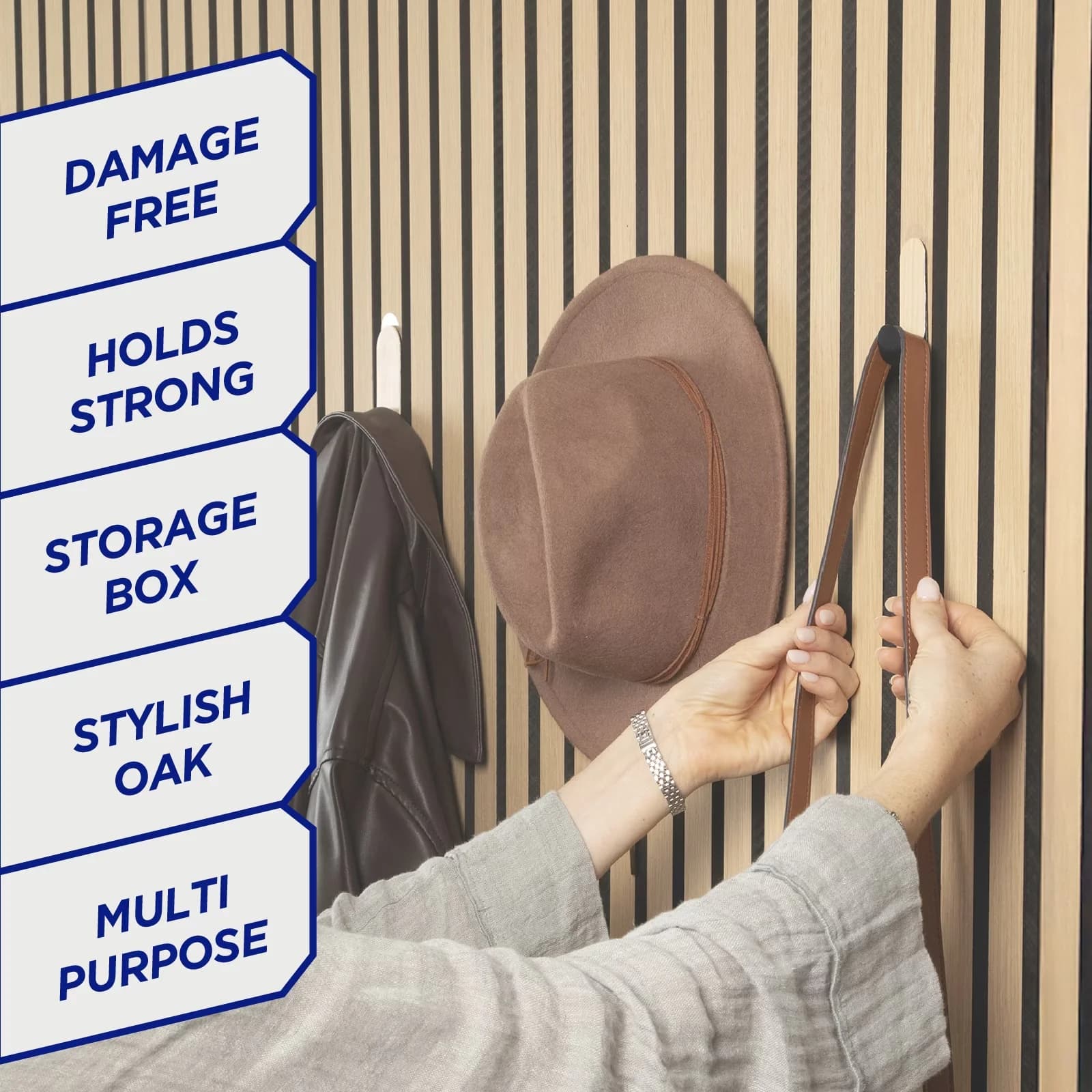 Durable Damage-Free Hanging with Easy Installation, Secure Hold, Assorted Pieces - Metal Oak Veneer On Black Hook for Kitchen, Bathroom Model AD10D0
