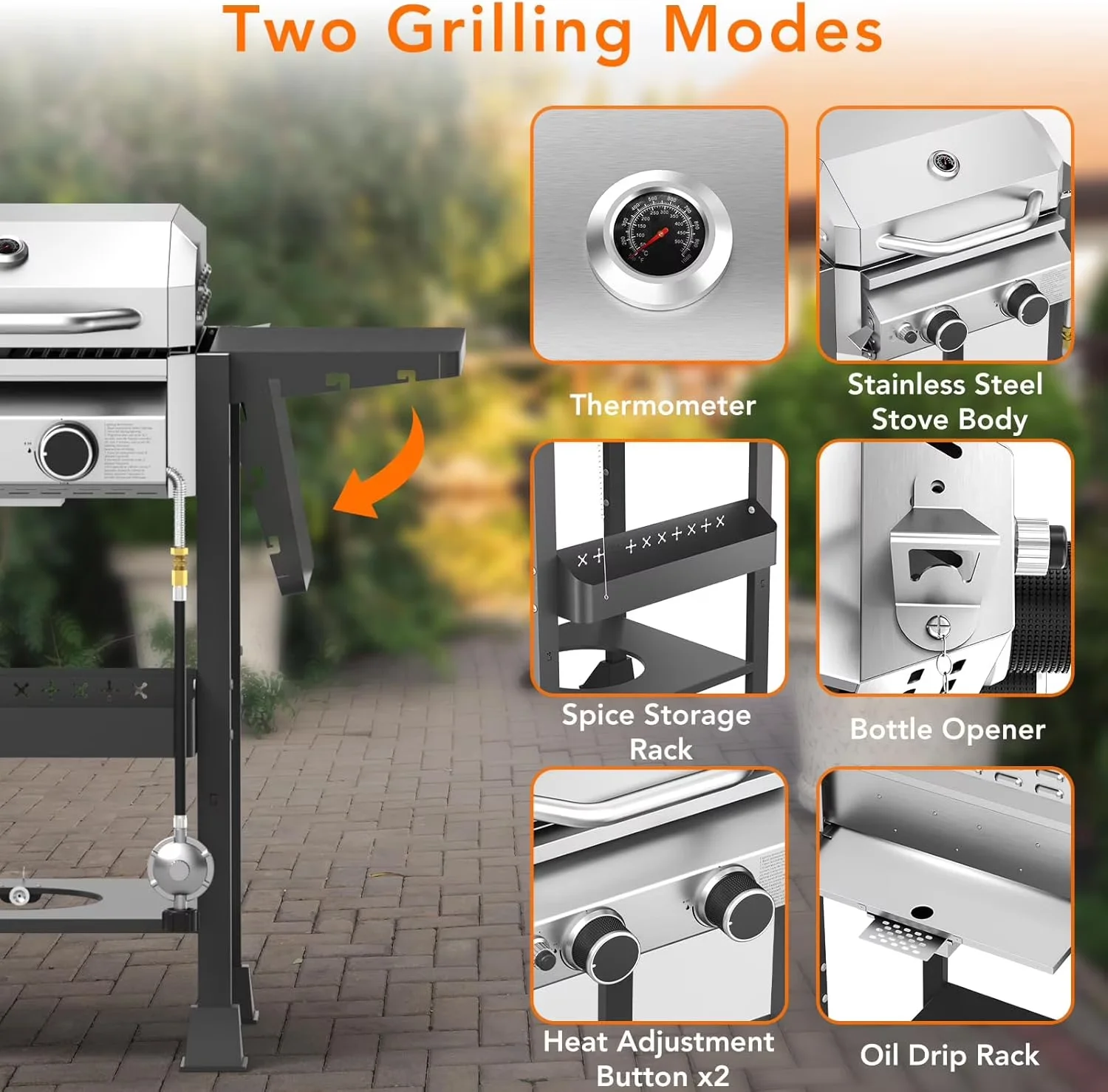 Gas Grill Versatile with 16000 BTU, Portable, Grease Pan - Steel Silver for Patio, Outdoor Model D19BA4