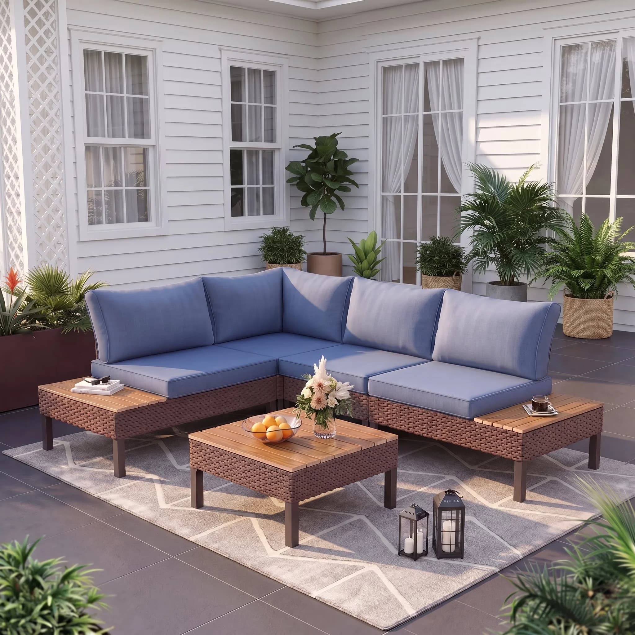 Outdoor Sofas Sectional Essential with Weatherproof, Art Deco, Patio Set - Blue Rattan for Garden Model 55D3C8