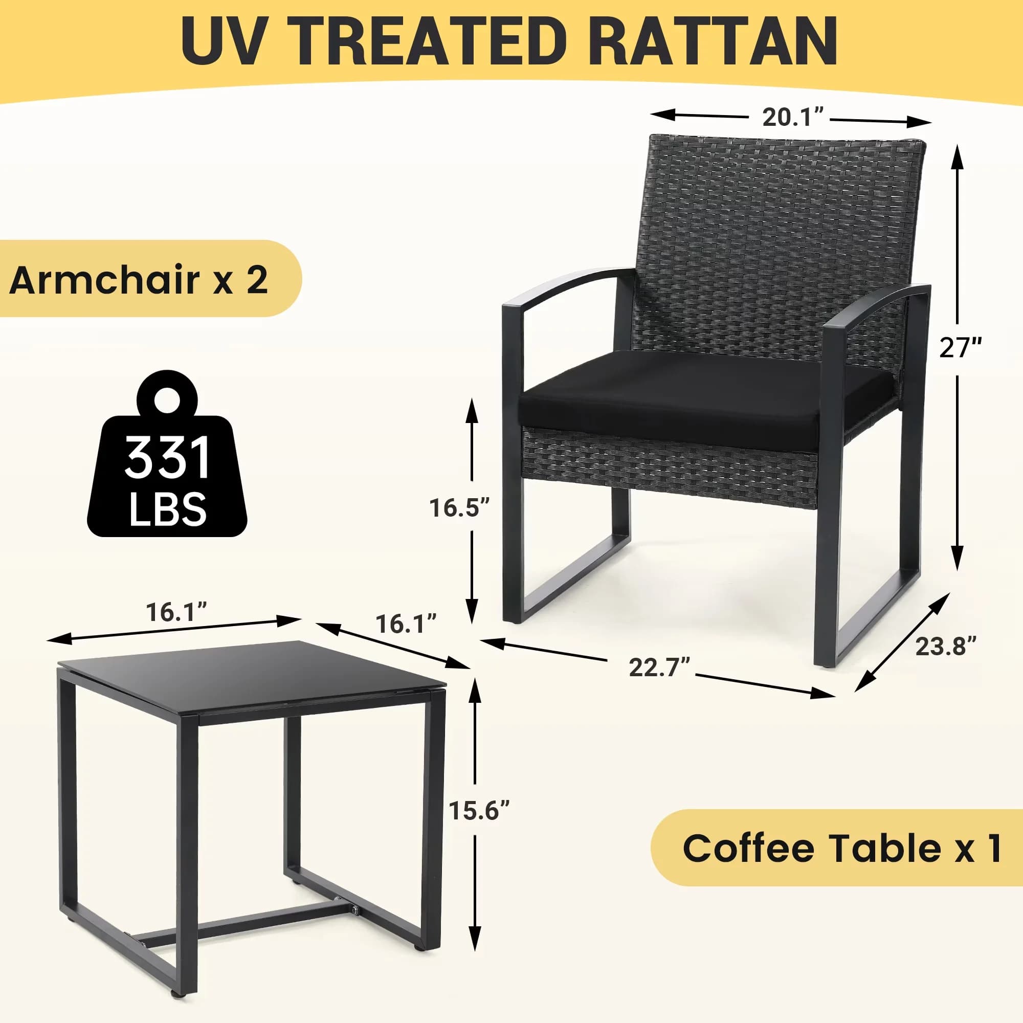 Stylish Patio Conversation Set with Weather-Resistant, 3 Piece Wicker Bistro, Perfect - Black Powder-Coated Metal, Rattan Model C2166C