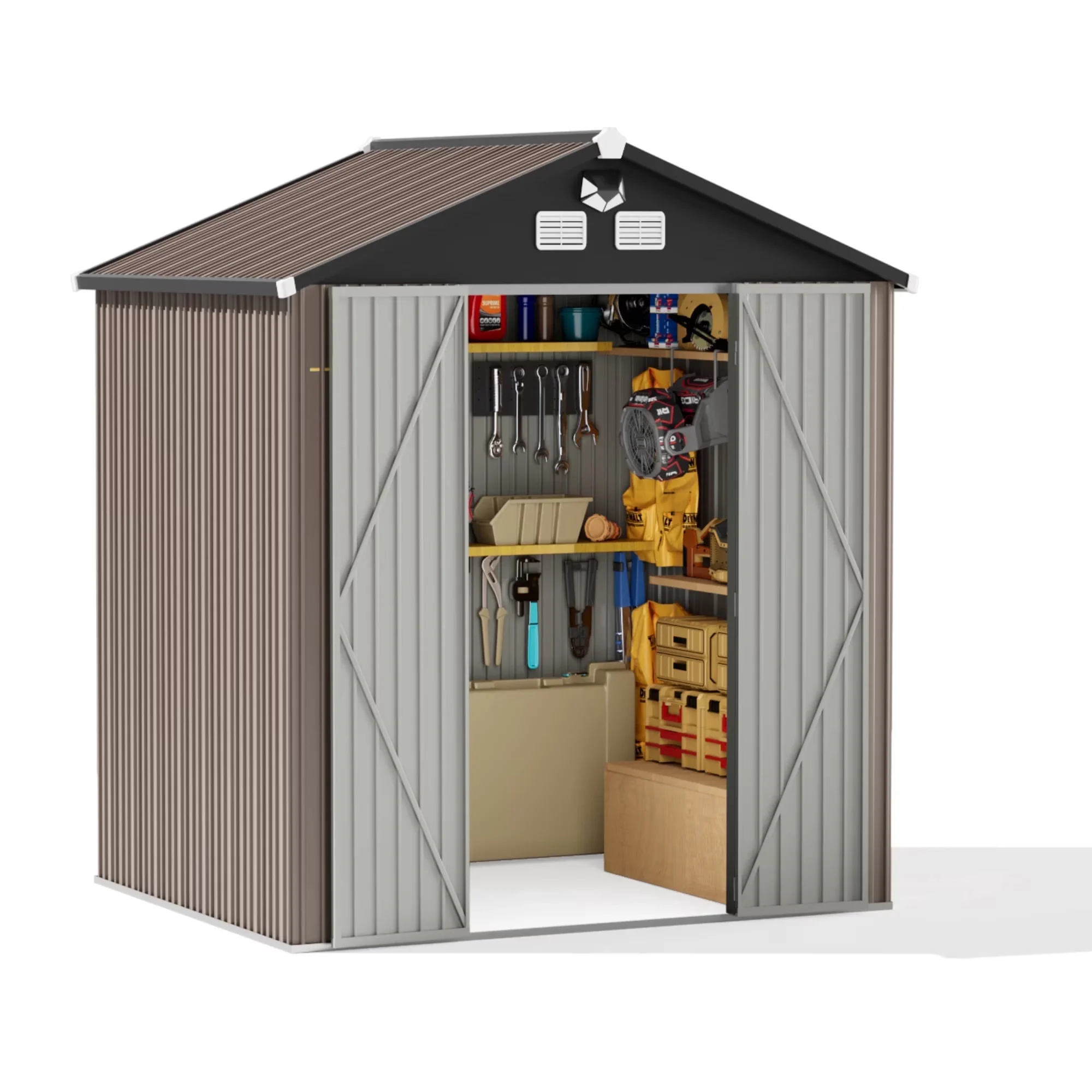 Versatile Shed with LED, Lockable Door, Led Light & Air Vents - Brown Metal Model 709D09