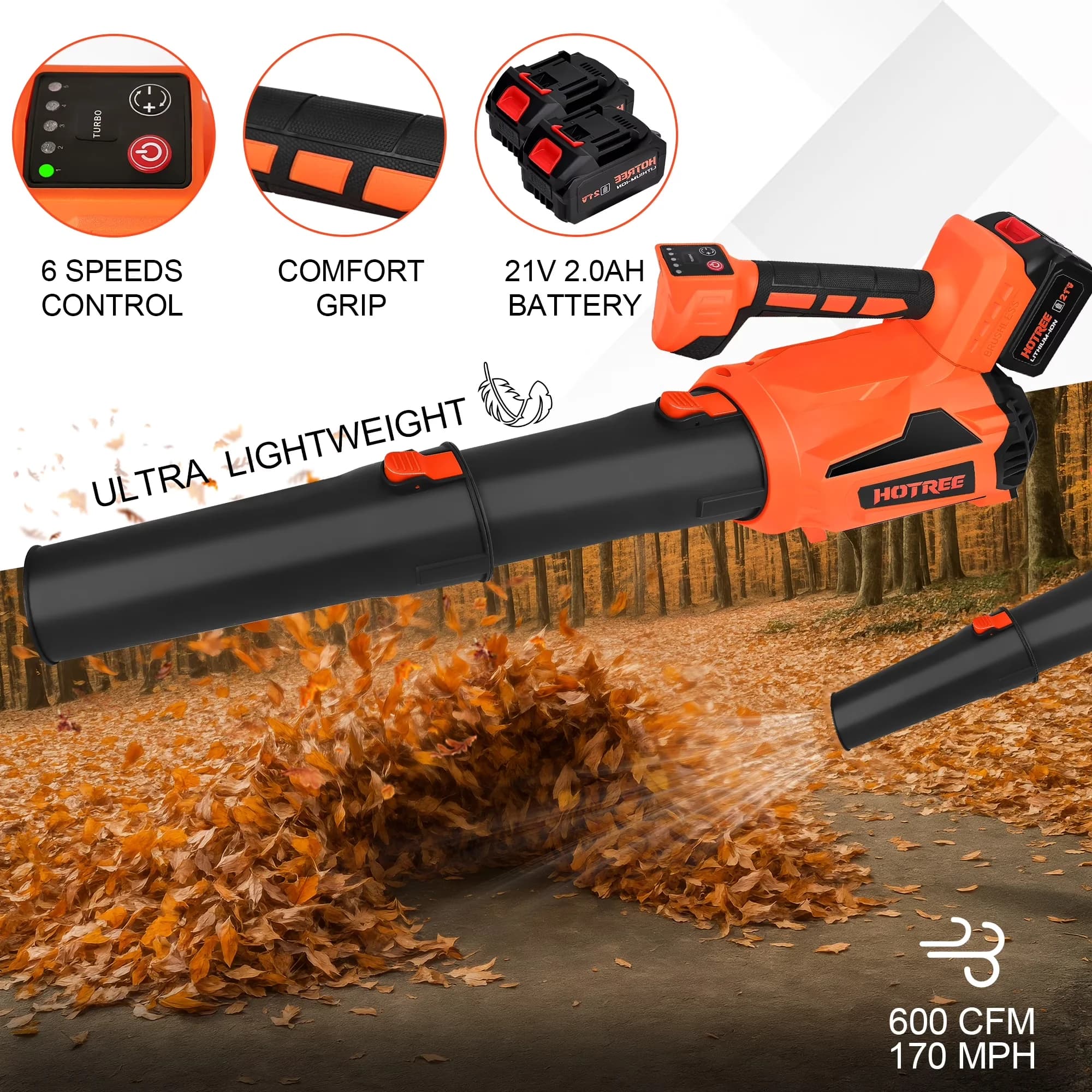 Versatile Leaf Blower with Battery, 6 Speed Electric, Cordless for Patio - Model 83D285